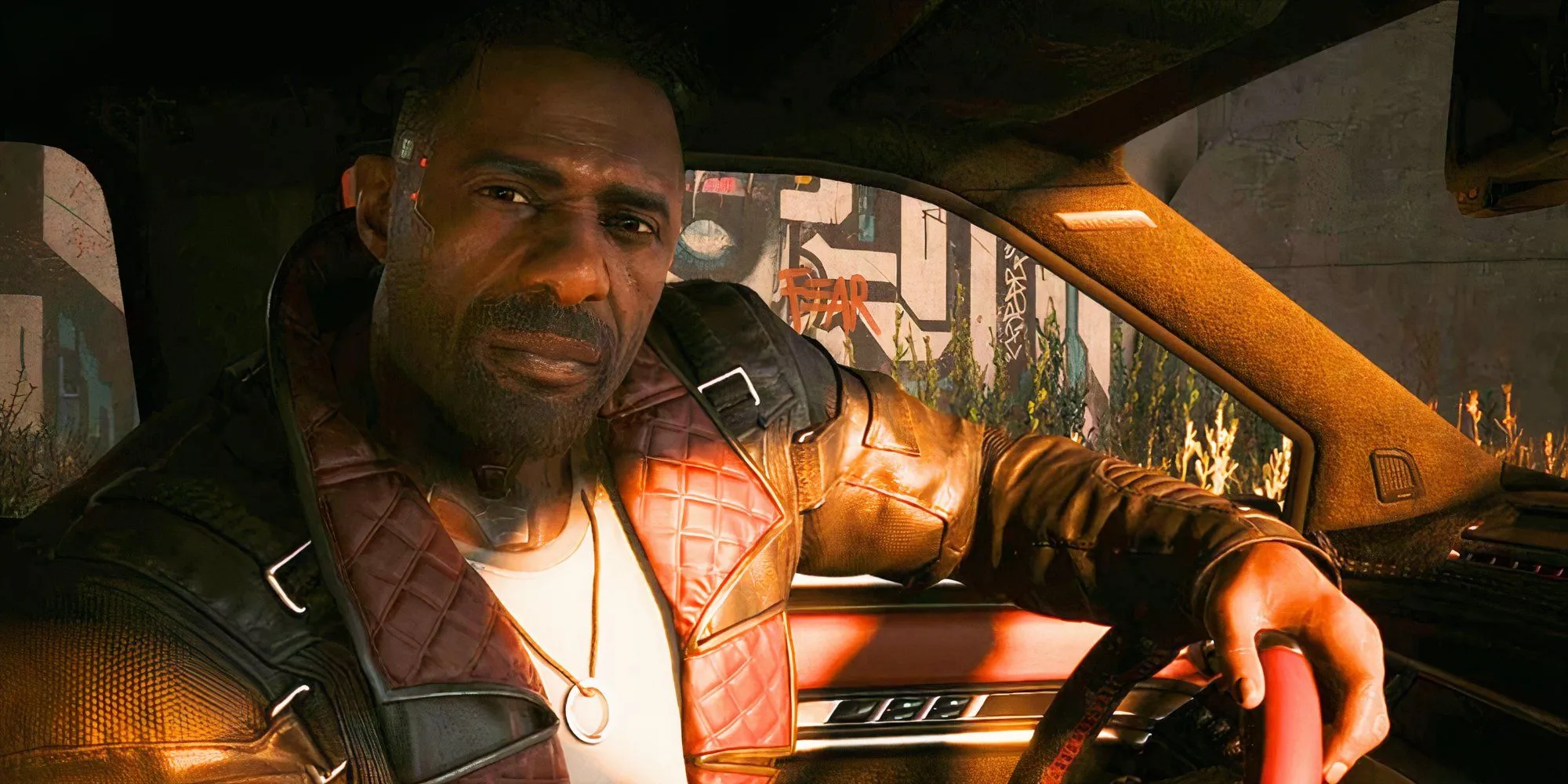 Nhân vật V trong Cyberpunk 2077 nhìn ra thành phố Night City rực rỡ ánh đèn neon