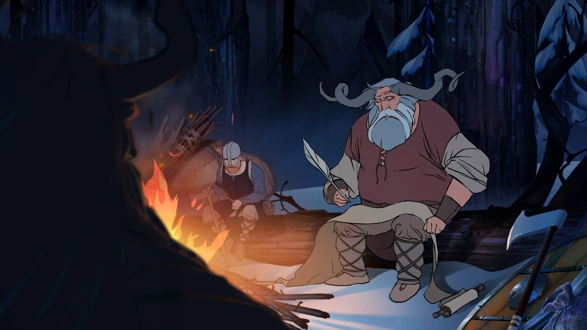 Nhóm nhân vật đang ngồi quanh lửa trại trong The Banner Saga