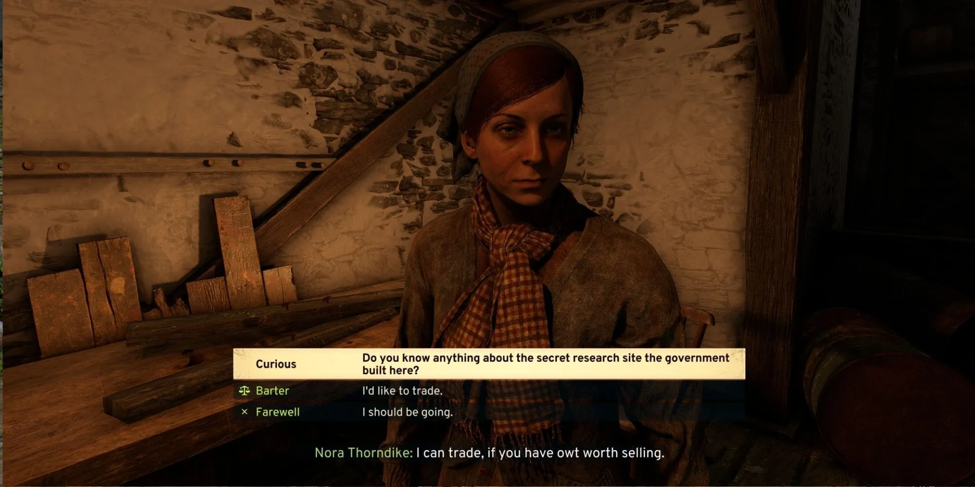 Nora đứng trong trang trại của mình tại Sekethermoor trong game Atomfall, sẵn sàng cung cấp thông tin cho người chơi