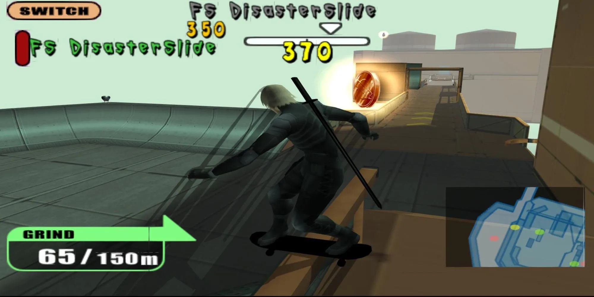 Raiden trượt ván trong màn chơi Skate của Metal Gear Solid 2 Substance