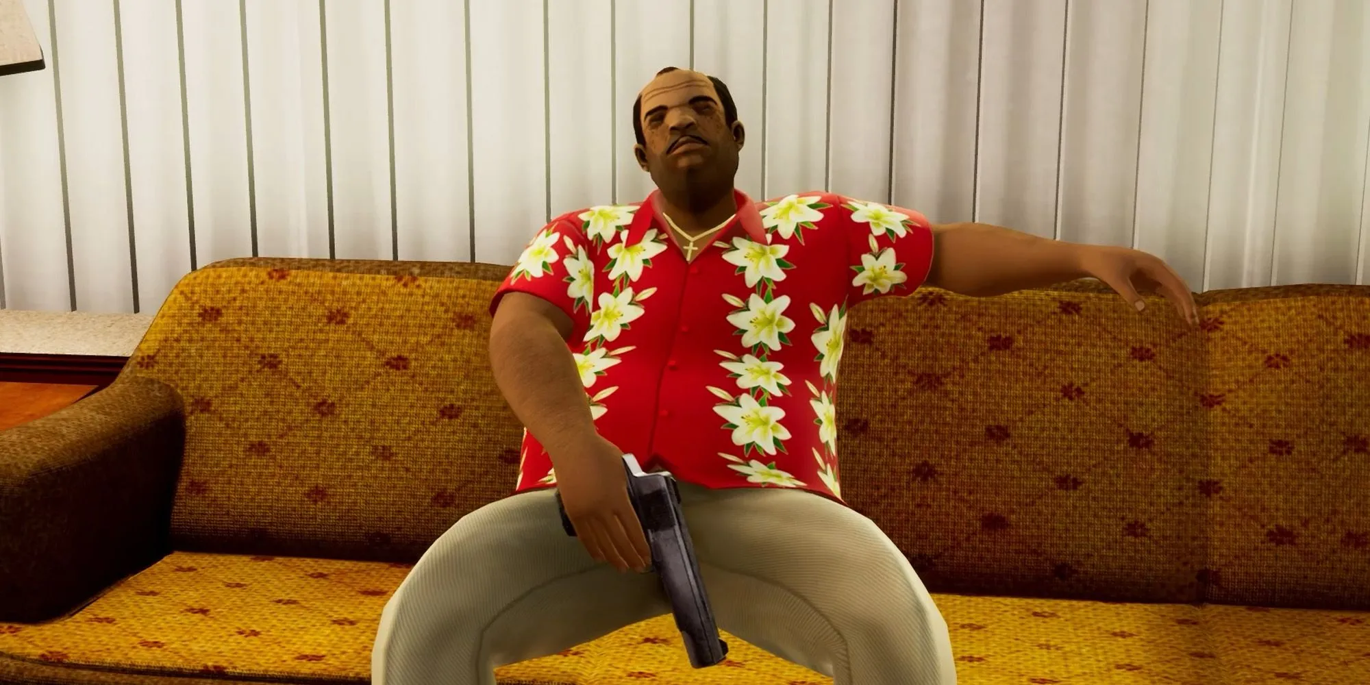 Ricardo Diaz nhân vật GTA Vice City khó chịu đang ngồi trên ghế bành