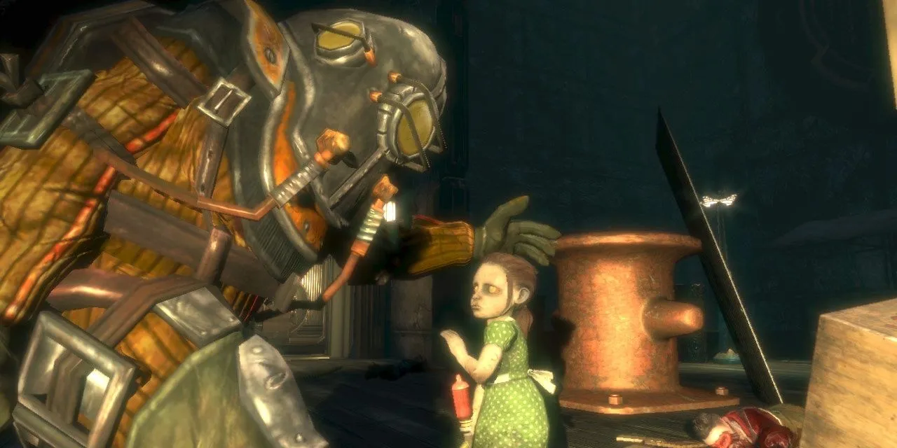 Robot Big Daddy loại Rosie cùng một Little Sister trong BioShock 1
