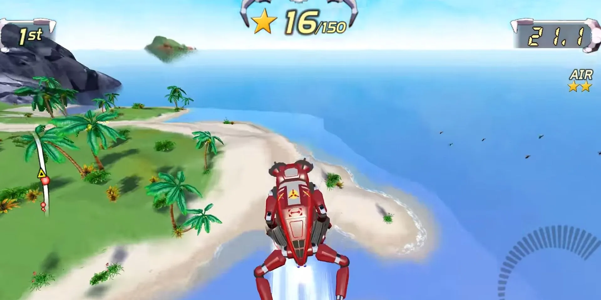 Robot ếch xanh trong Excitebots Trick Racing bay vút qua đoạn dốc biểu diễn kỹ năng