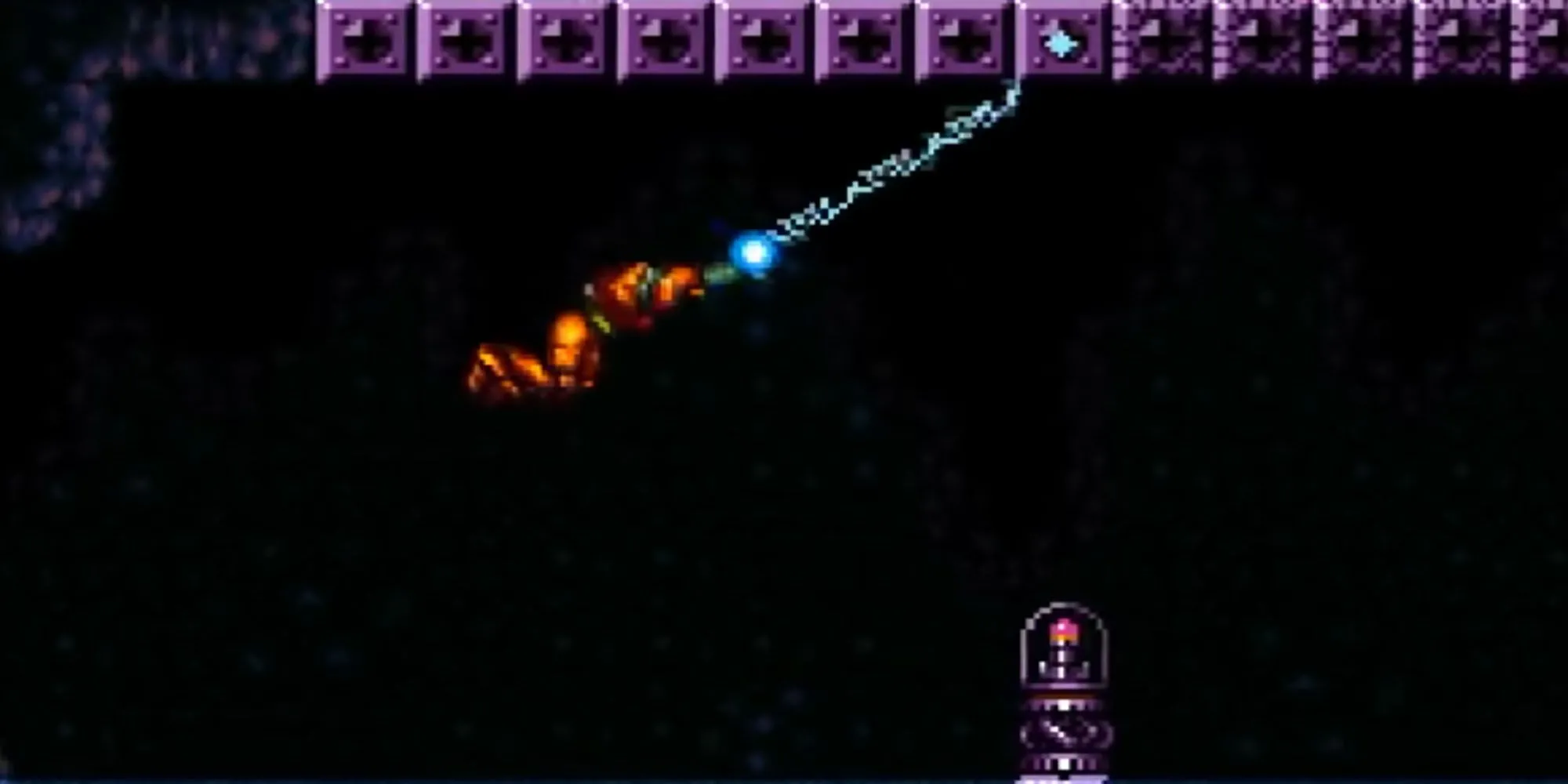 Samus sử dụng Grapple Beam đu dây qua vực trong Super Metroid