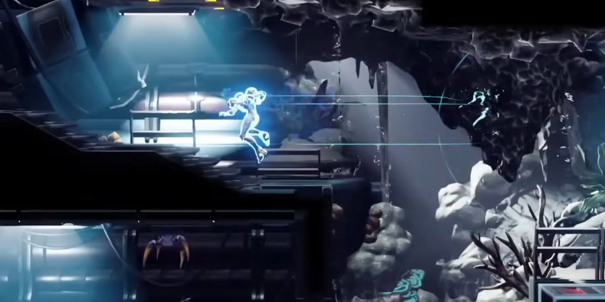 Samus thực hiện Flash Shift di chuyển tức thời trong Metroid Dread