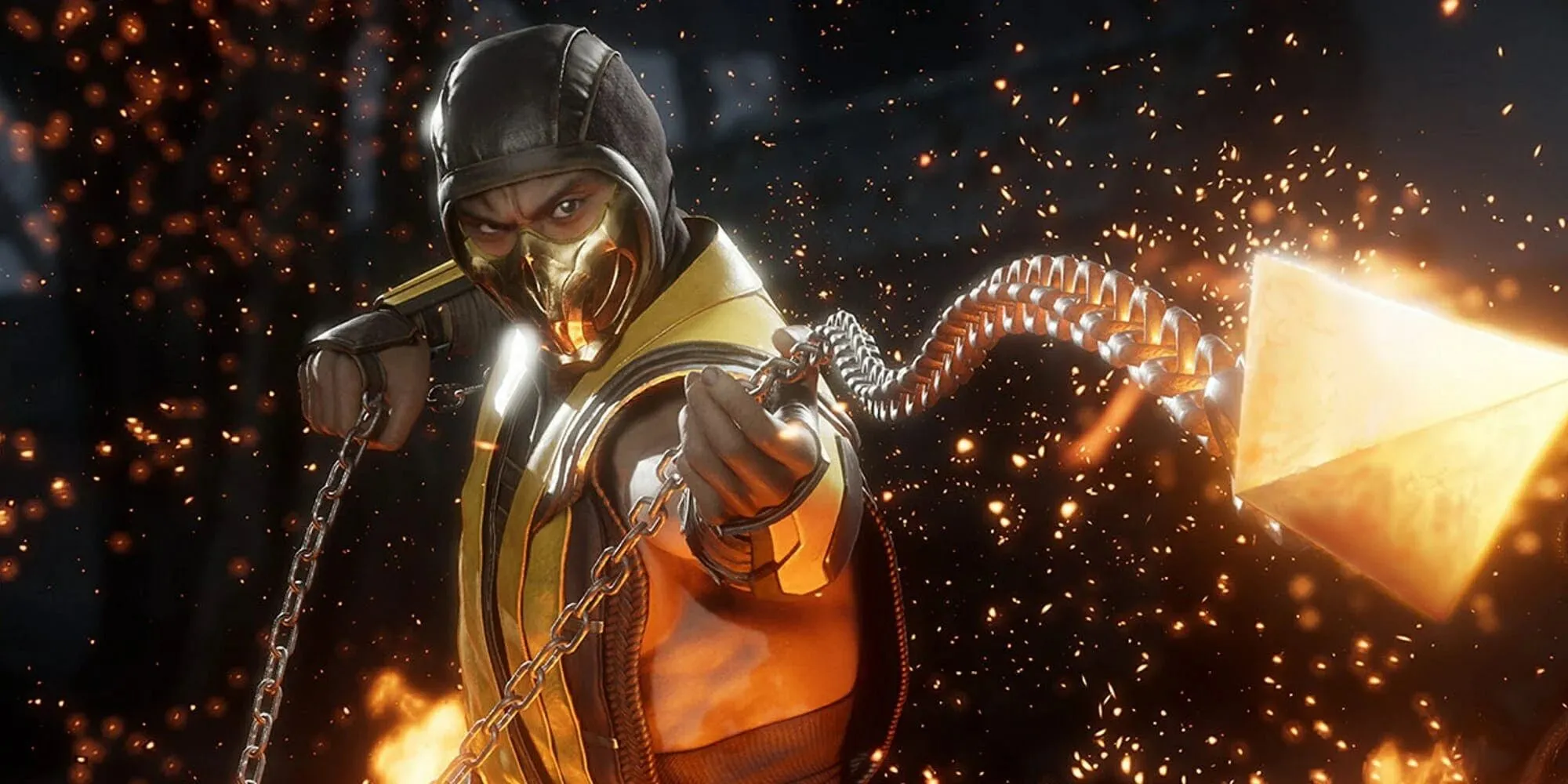 Scorpion, biểu tượng của Mortal Kombat, đứng trong tư thế chiến đấu, ngọn lửa địa ngục bùng cháy xung quanh, thể hiện bản chất linh hồn báo thù không thể bị tiêu diệt của anh.