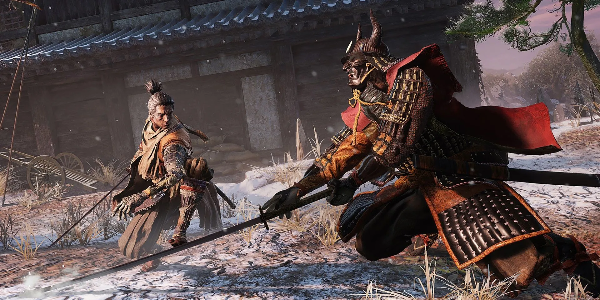 Sekiro chuẩn bị thực hiện đòn Mikiri Counter huyền thoại trước một kẻ địch, biểu tượng cho kỹ năng chiến đấu và khả năng &quot;tái sinh&quot; của anh.