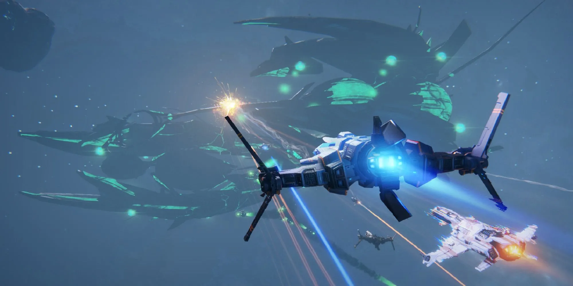 Star Conflict ship taking on a dreadnought