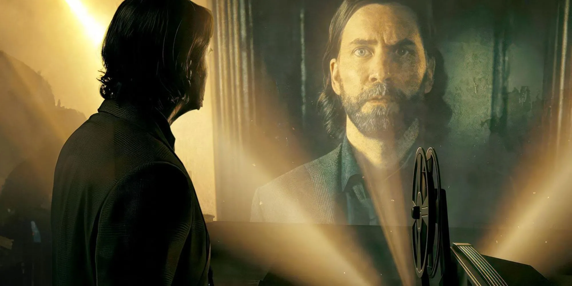 Still of Alan Wake watching himself on a film projector from Alan Wake 2.