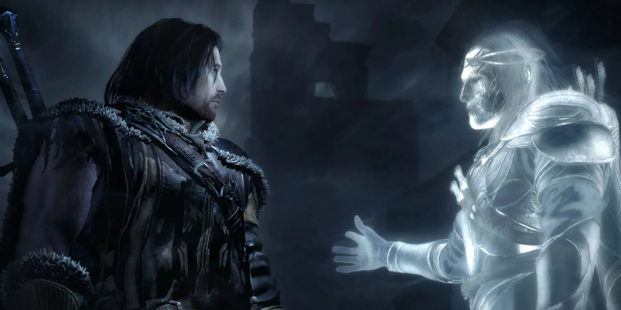 Talion, người Rangers của Gondor, cùng với bóng ma của Celebrimbor, sẵn sàng chiến đấu chống lại lực lượng Orc, biểu tượng cho liên minh bất tử của họ.