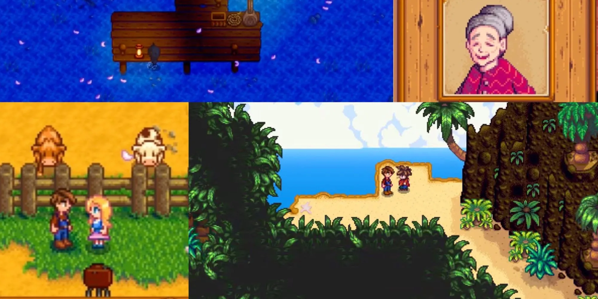 Tập hợp hình ảnh các nhân vật nổi bật trong Stardew Valley như Evelyn, Leo, Haley, Krobus và người chơi