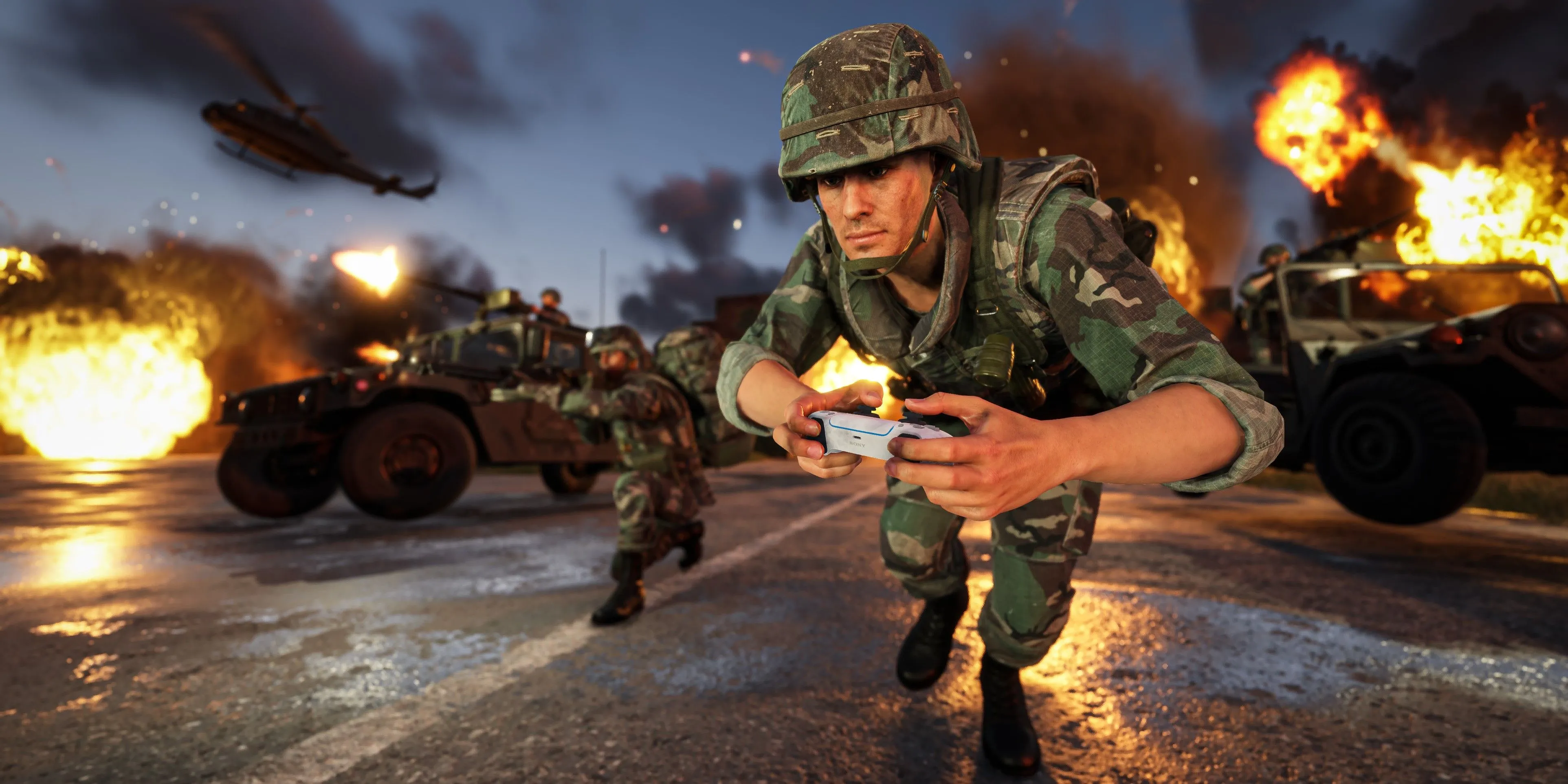 Tay cầm DualSense với hình ảnh game ArmA Reforger trên màn hình
