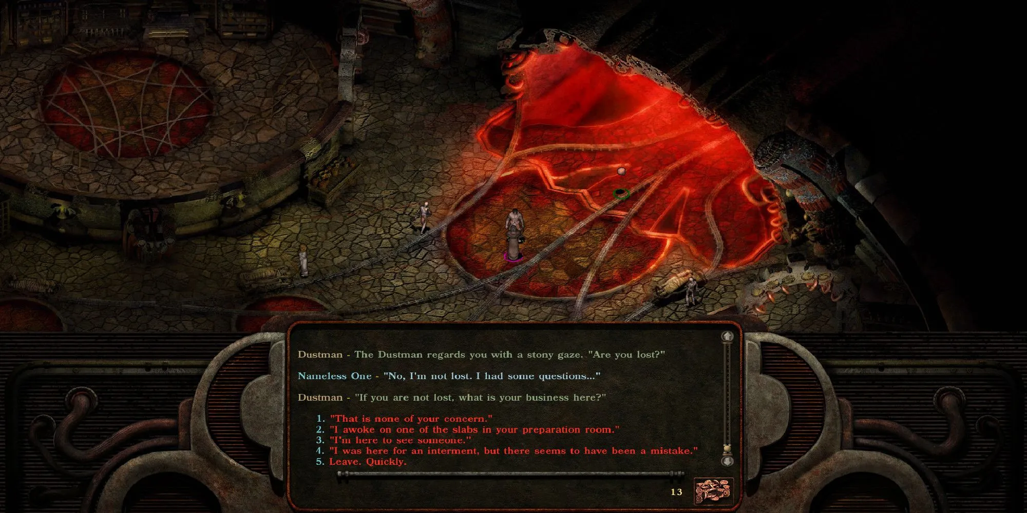 The Nameless One nói chuyện với một người đàn ông trong Planescape: Torment