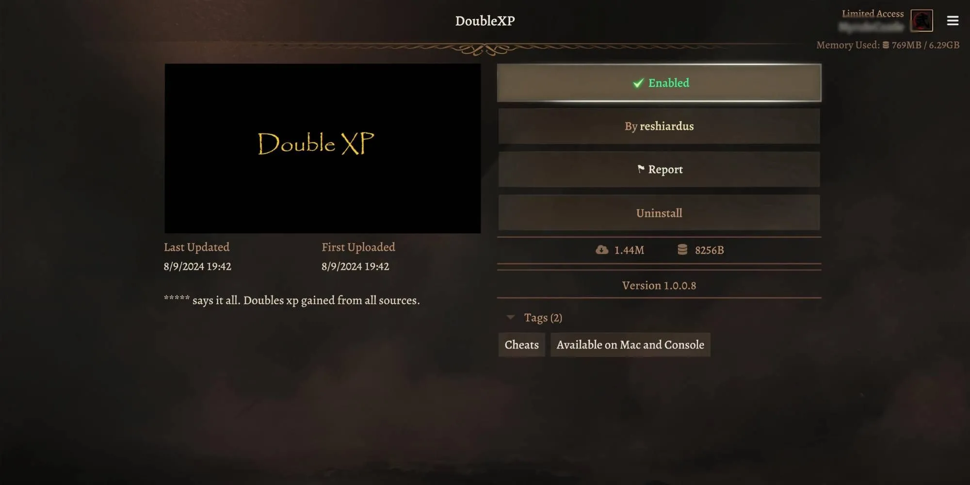 Thông báo lên cấp trong Baldur's Gate 3, minh họa tốc độ thăng cấp nhanh với mod Double XP