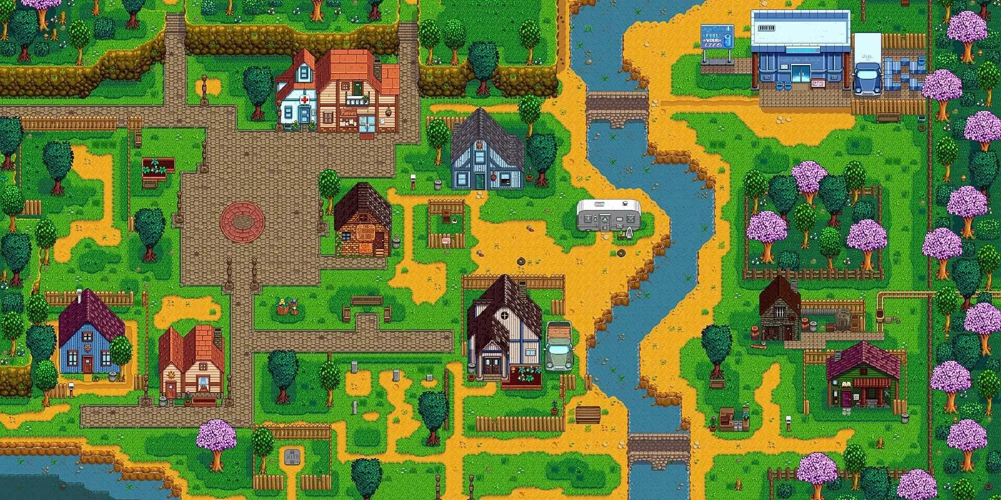 Toàn cảnh thị trấn Pelican Town trong Stardew Valley
