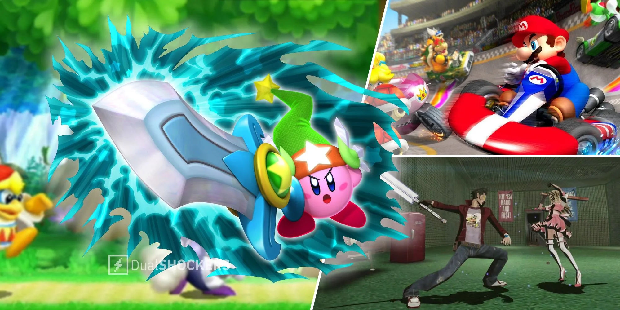Tổng hợp hình ảnh từ nhiều game Wii kinh điển như Kirby's Epic Yarn, Super Mario Galaxy, Metroid Prime 3.