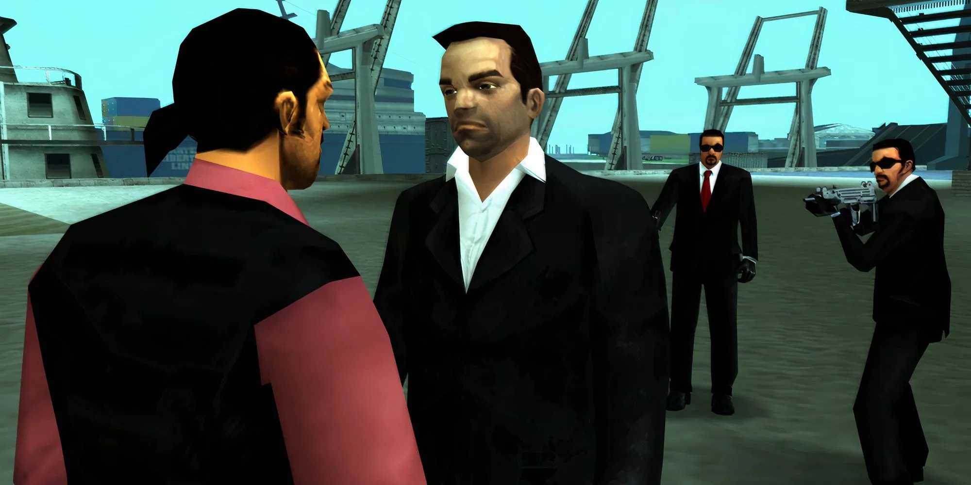 Toni Cipriani trong GTA Liberty City Stories đang bàn bạc giữa kho vũ khí