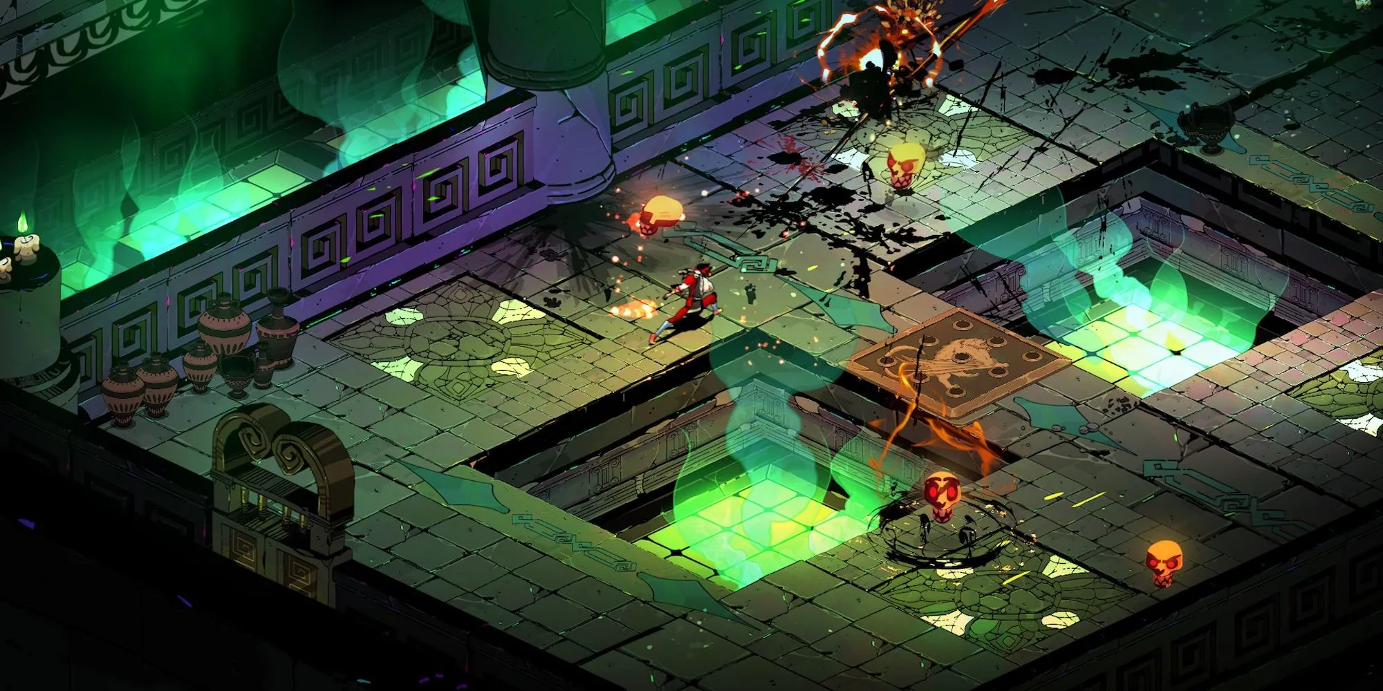 Zagreus chiến đấu với kẻ thù trong một căn phòng của Hades