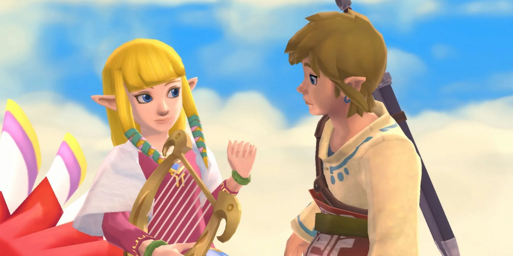 Zelda và Link đứng cạnh nhau, nhìn lên bầu trời trong The Legend of Zelda: Skyward Sword