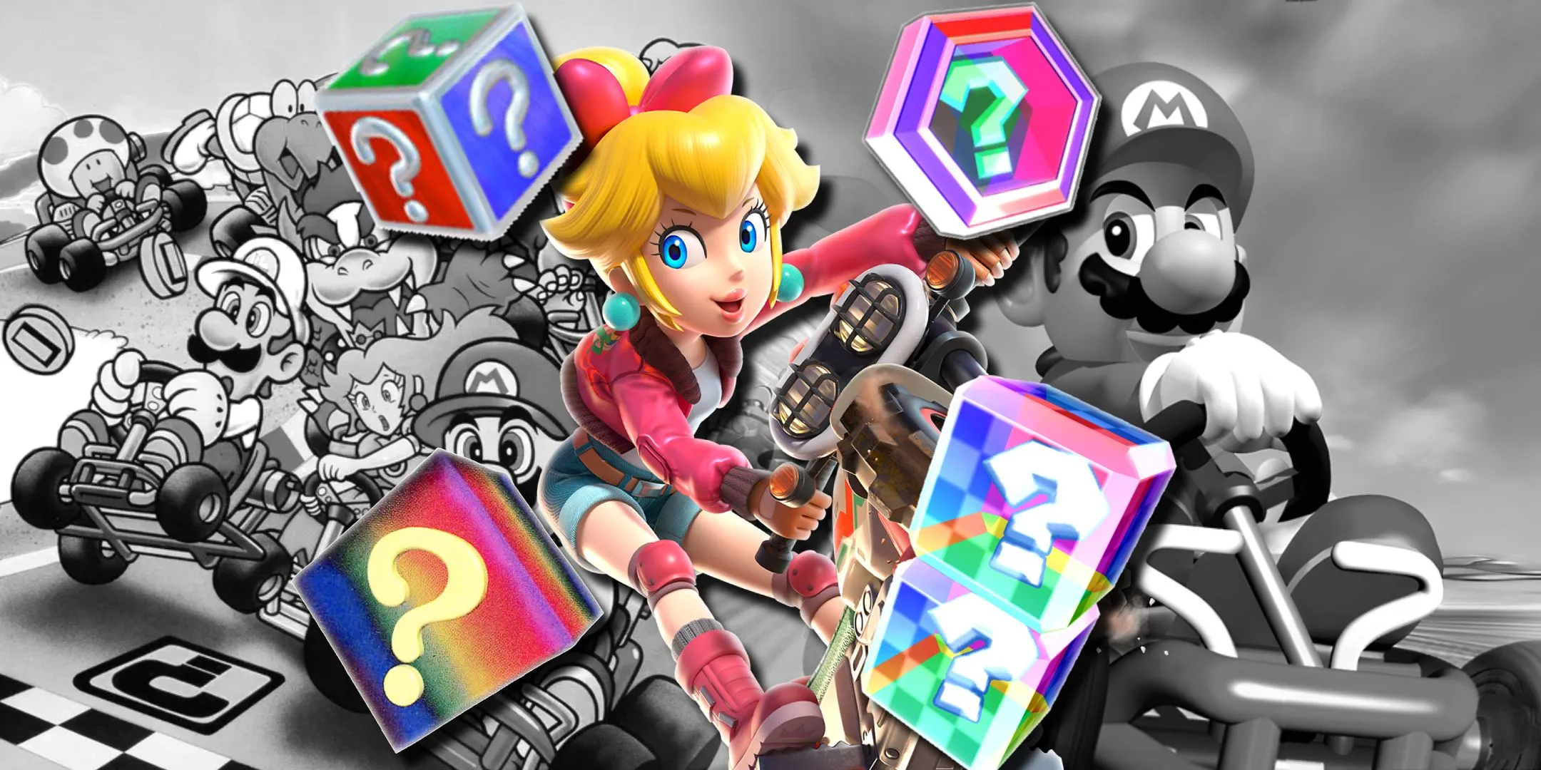 Ảnh minh họa sự tiến hóa của hộp vật phẩm trong series Mario Kart qua các thời kỳ