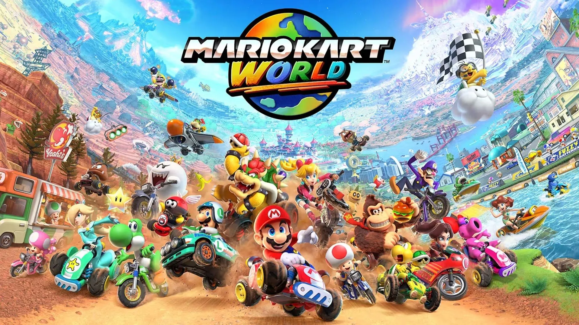 Cảnh gameplay Mario Kart World với Luigi điều khiển xe go-kart