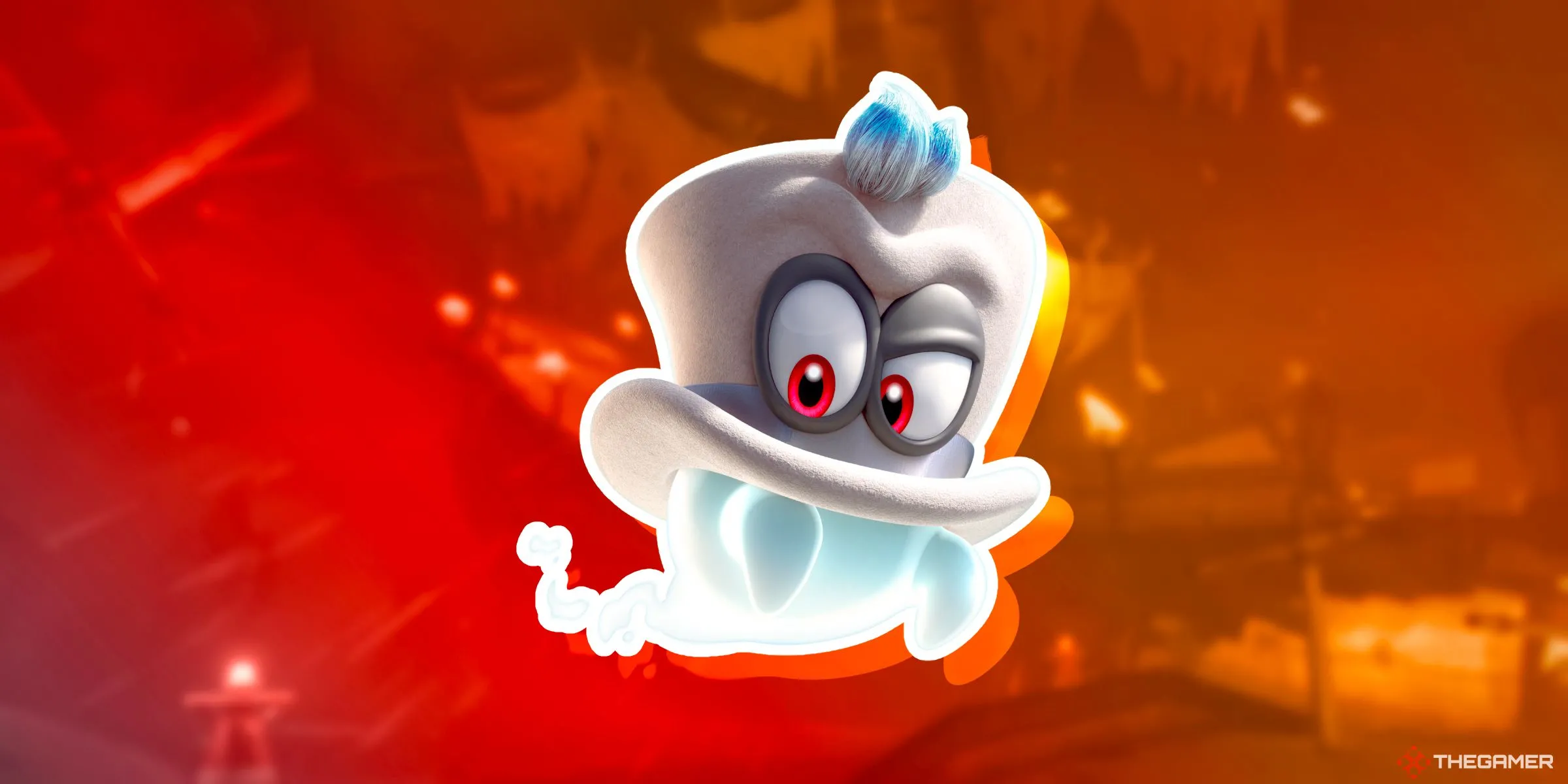 Cappy, người bạn đồng hành từ Super Mario Odyssey, lơ lửng trên đường đua Wario Shipyard
