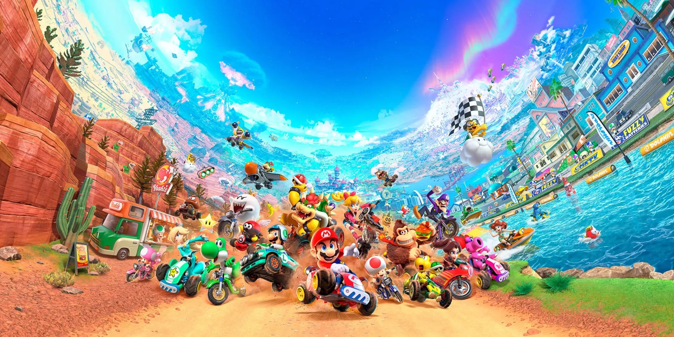 Hình ảnh chính Mario Kart World hiển thị các nhân vật đua xe trên đường đua mới