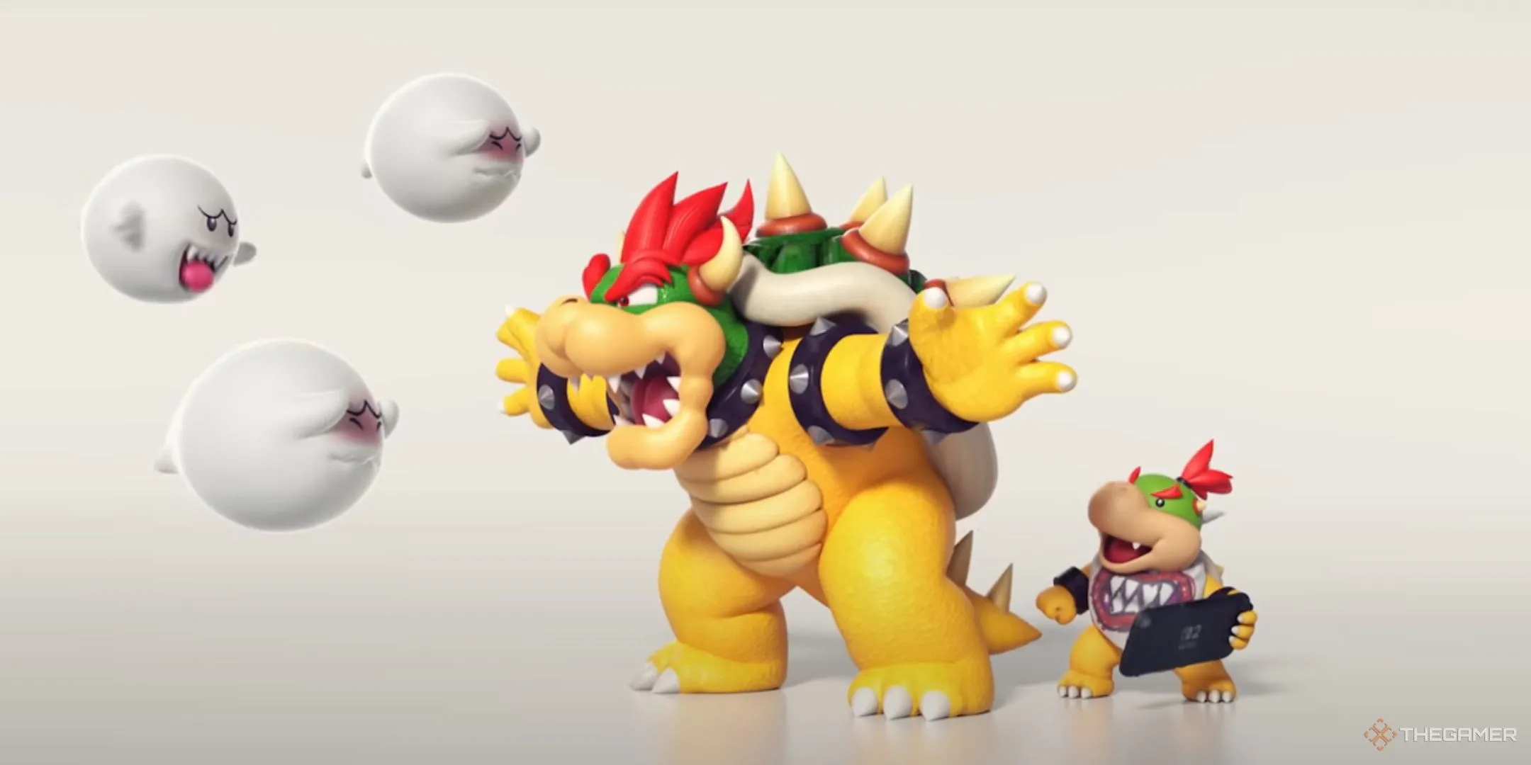 Hình ảnh minh họa Bowser chặn Boo, thể hiện tính năng báo cáo người chơi GameChat xấu trên Nintendo Switch 2