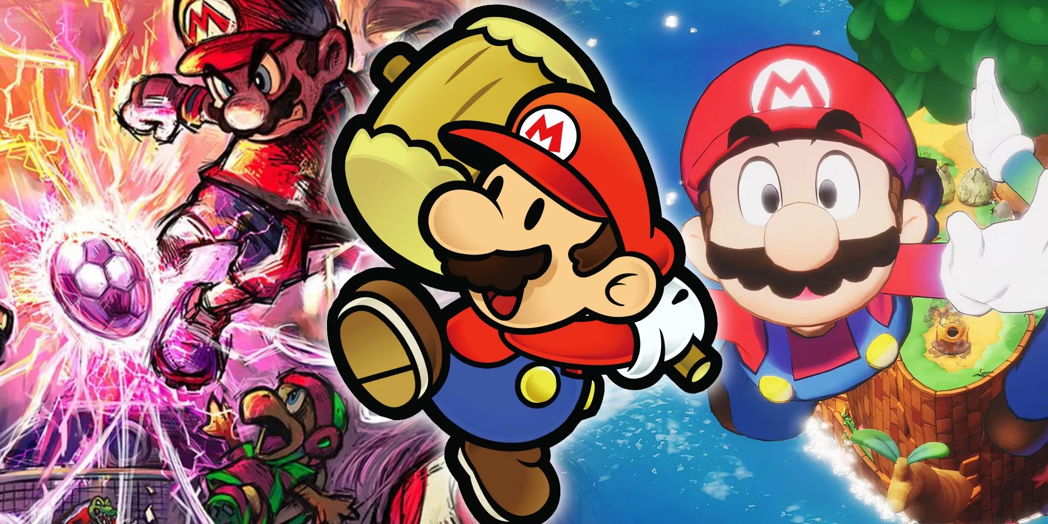 Hình ảnh minh họa về phong cách nghệ thuật đa dạng trong các game Mario như Mario Strikers Charged và Mario & Luigi Brothership