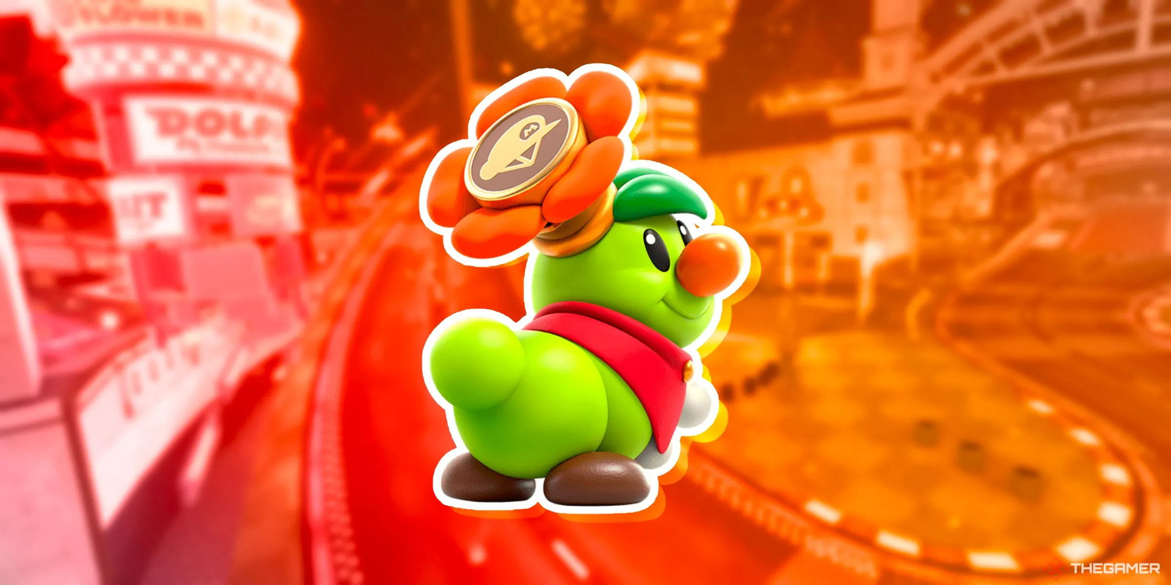 Hoàng Tử Florian, nhân vật từ Super Mario Bros. Wonder, đứng trên đường đua Peach Stadium trong Mario Kart World