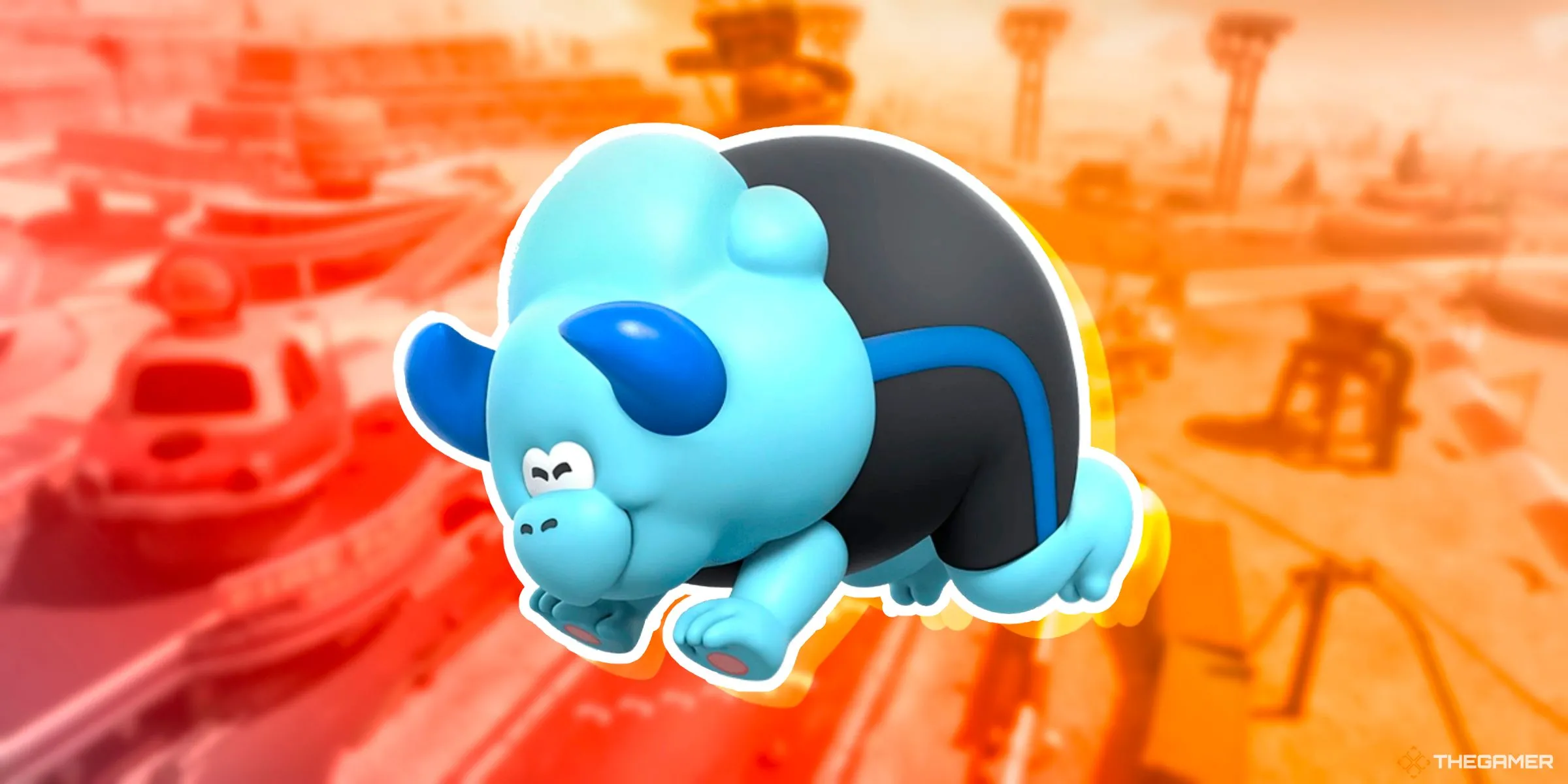 Kẻ địch Bulrush mang dáng dấp Triceratops từ Super Mario Bros. Wonder đang lao tới trên đường đua Mario Bros. Circuit