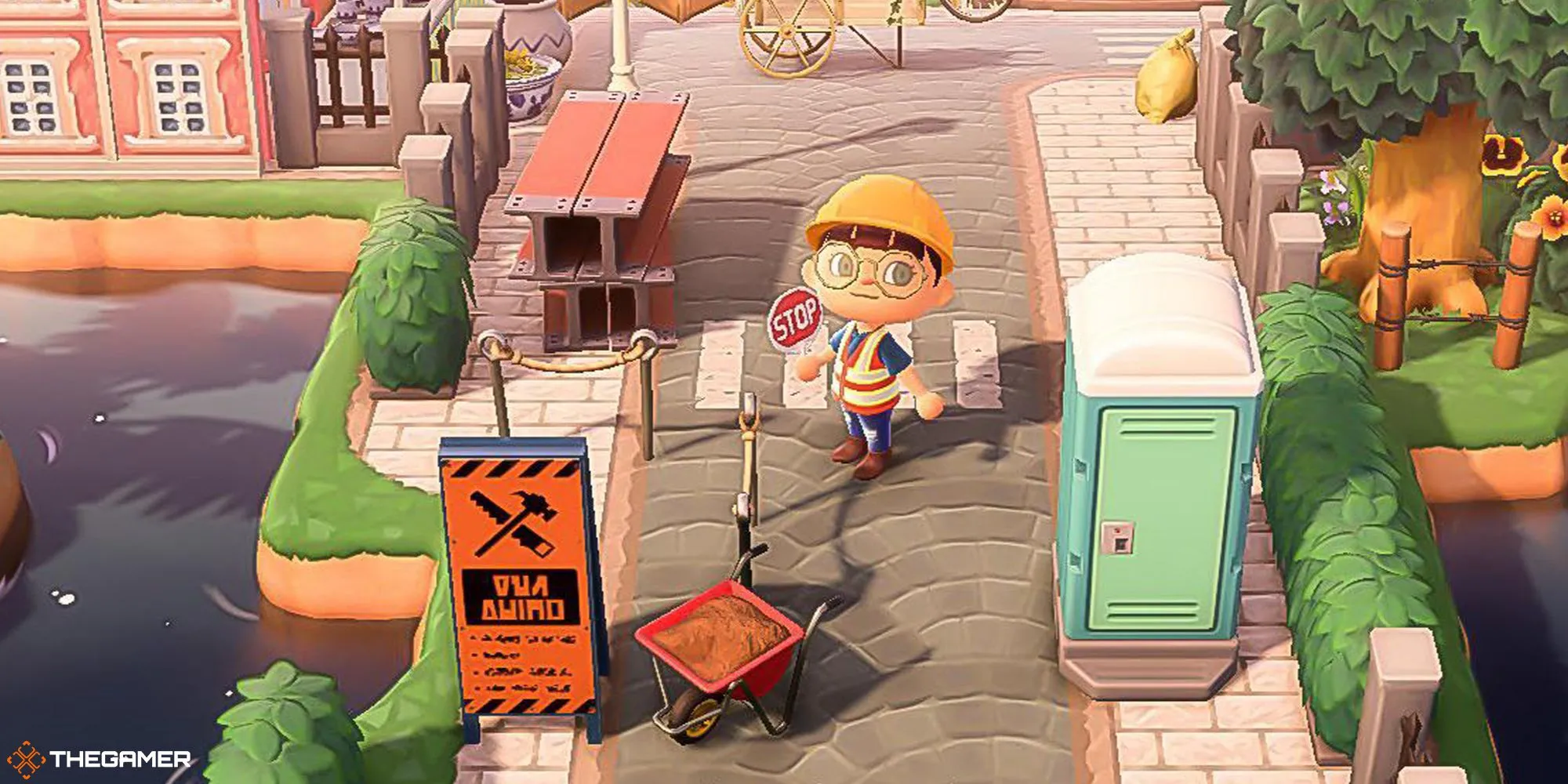 Khu vực xây dựng gần lối vào đảo trong Animal Crossing New Horizons, nơi việc sắp xếp đôi khi lệch một ô gây khó chịu.