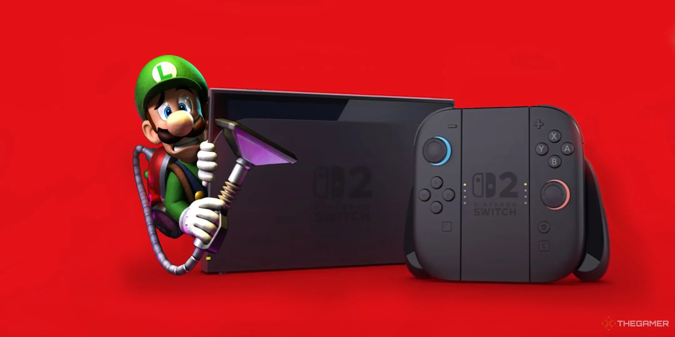 Luigi nấp sau máy console Nintendo Switch 2, biểu tượng của tính năng GameChat mới