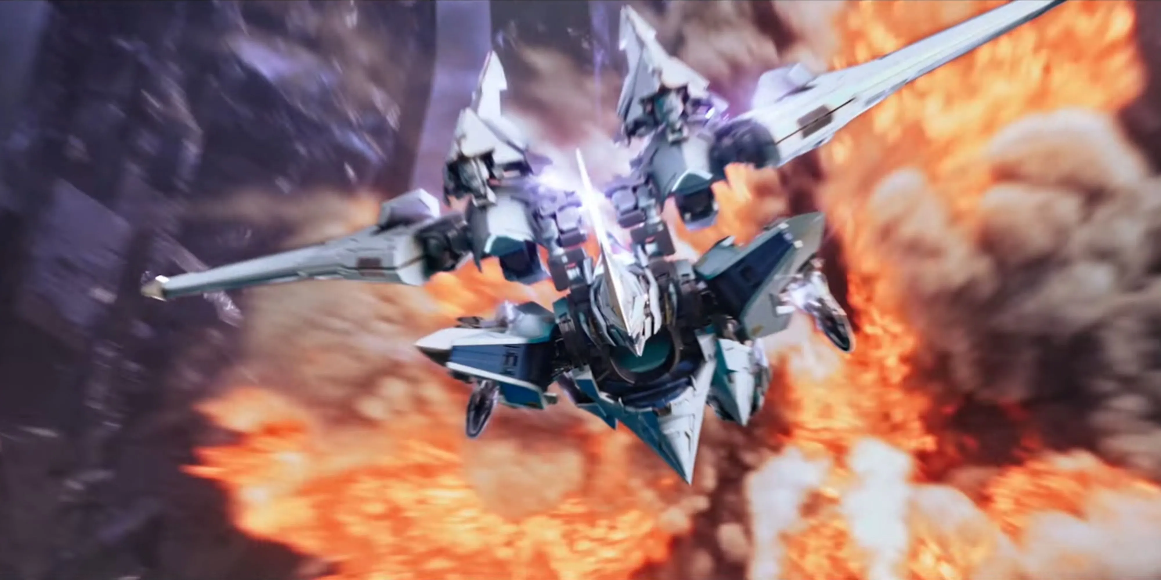 Một mech bay lượn trên không trung, thể hiện khả năng di chuyển linh hoạt trong Mecha Break