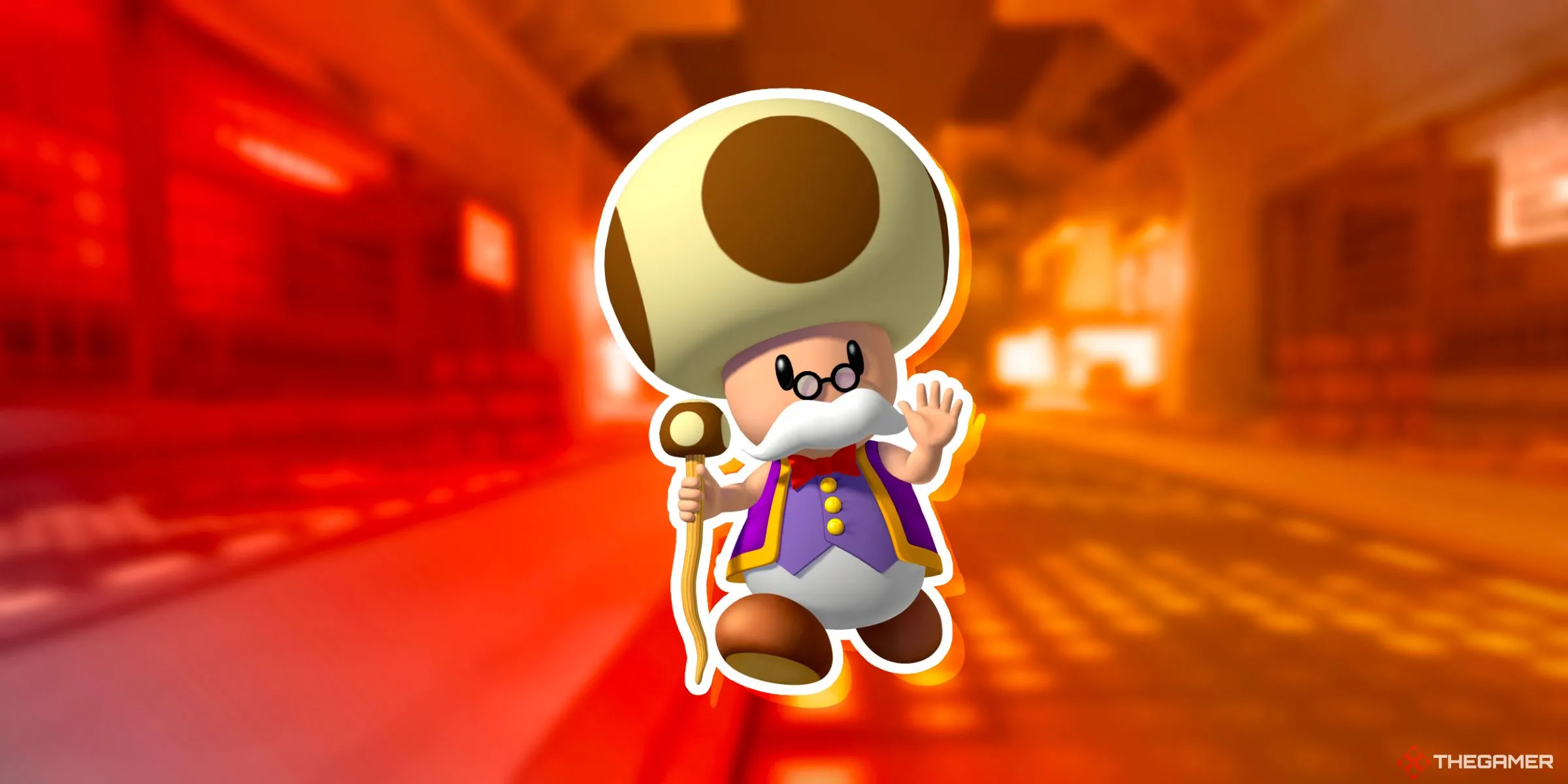 Toadsworth, quản gia của Công chúa Peach, người từng xuất hiện trong Super Mario Sunshine, trên đường đua Toads Factory