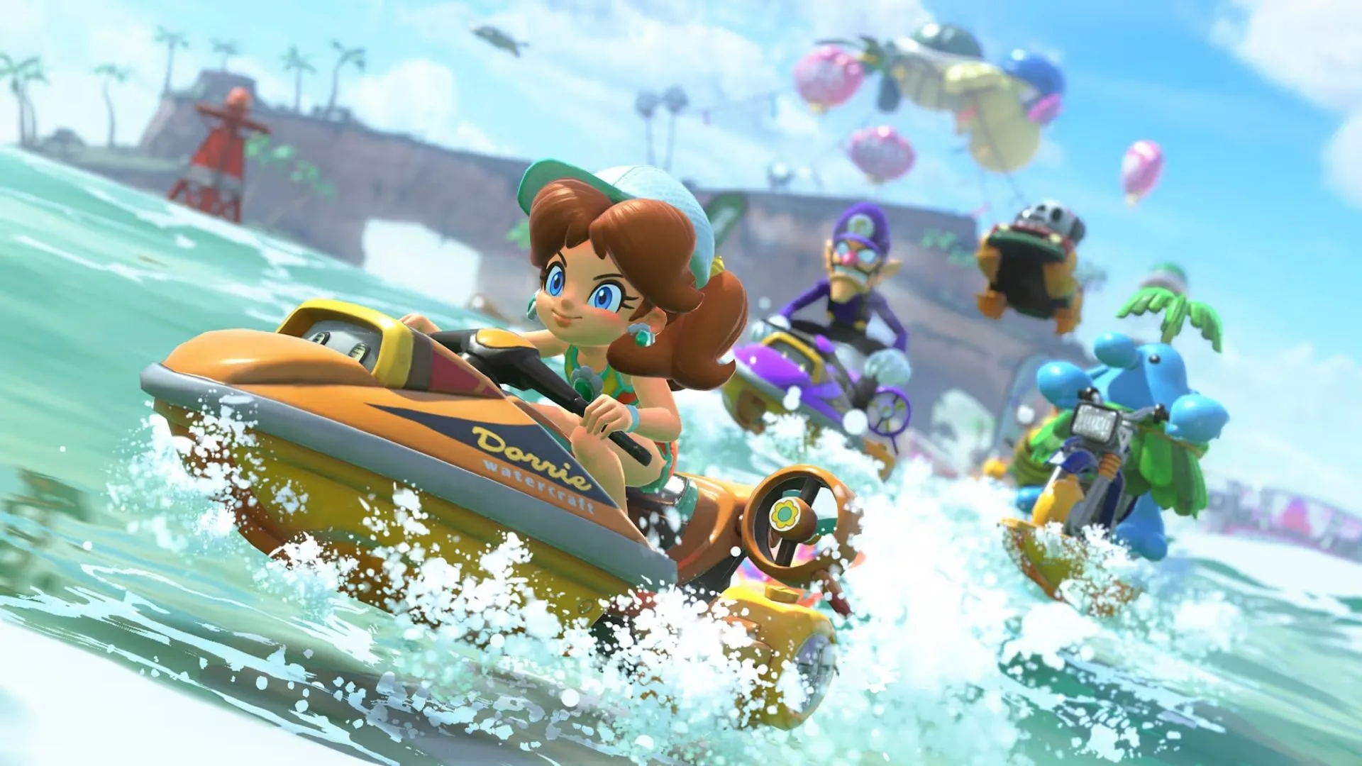 Xe go-kart của Mario đang đua trên đường đua đầy màu sắc trong Mario Kart World