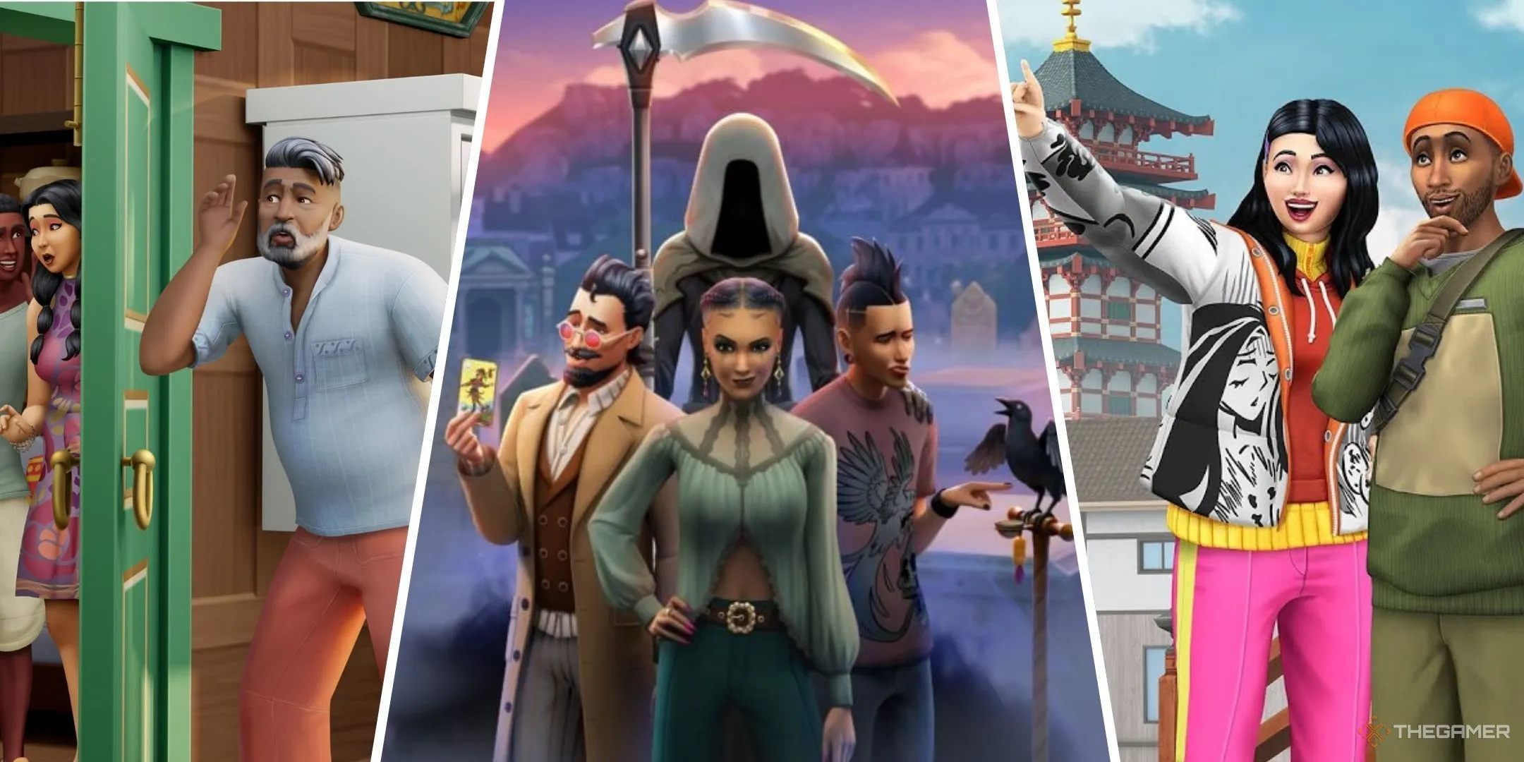 Ảnh bìa các bản mở rộng nổi bật của The Sims 4: For Rent, Life and Death, và Snowy Escape.