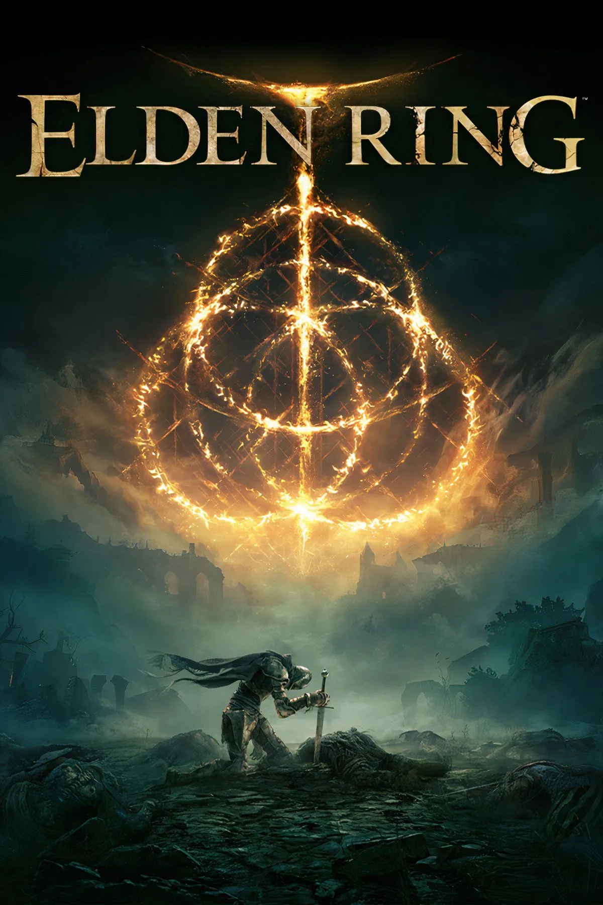 Ảnh bìa game Elden Ring, thể hiện hình ảnh vị tướng Godfrey và thế giới Lands Between