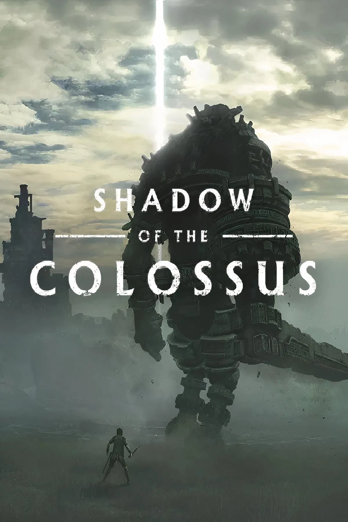 Ảnh bìa game Shadow of the Colossus, nhân vật Wander đứng trước một Colossus khổng lồ