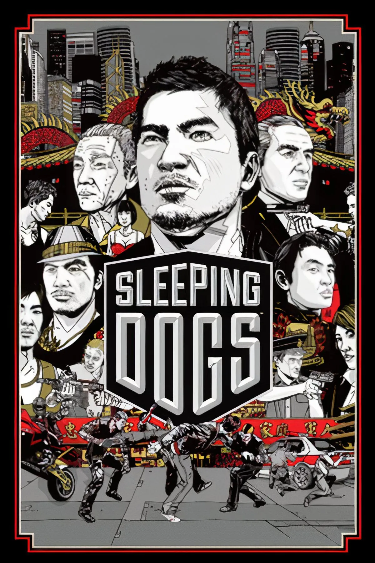 Ảnh bìa game Sleeping Dogs, nhân vật chính Wei Shen trong bối cảnh thành phố Hồng Kông
