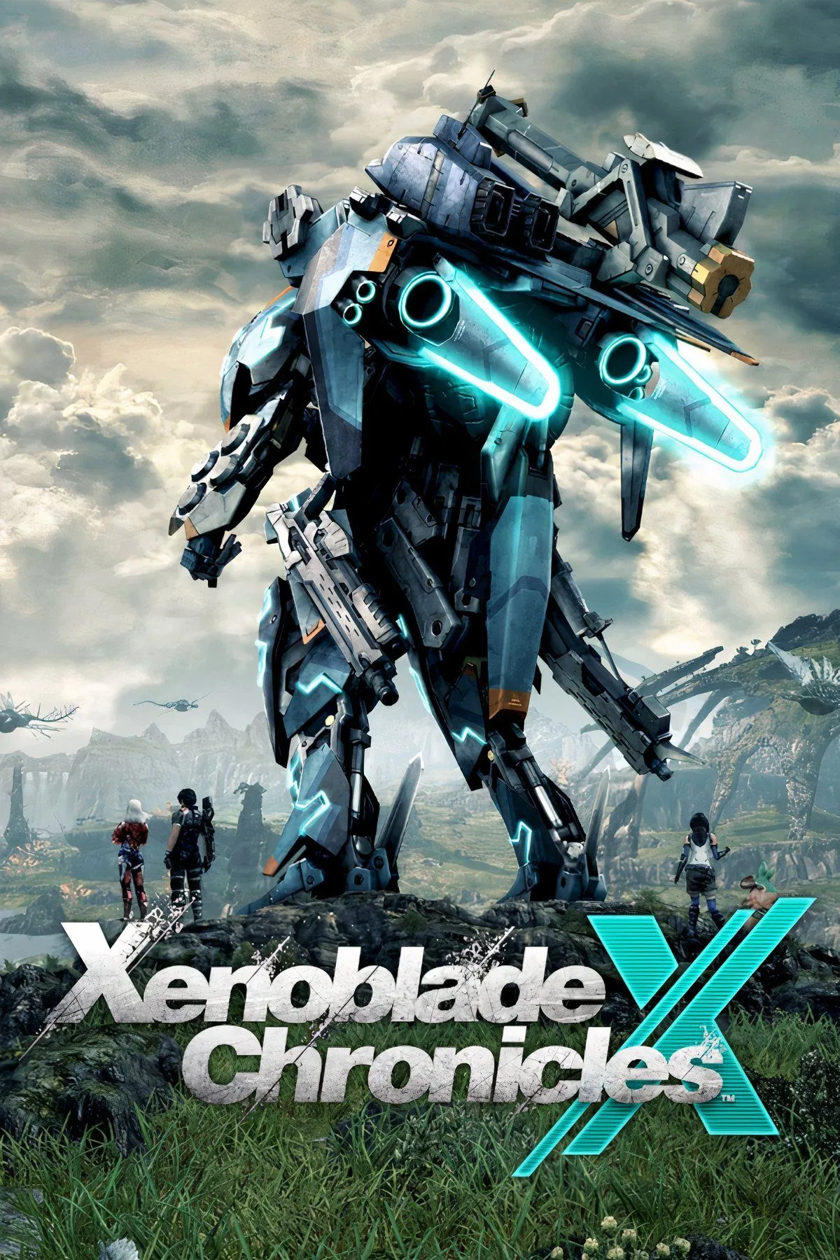 Ảnh bìa game Xenoblade Chronicles X, thể hiện Skell (robot chiến đấu) và thế giới hành tinh Mira
