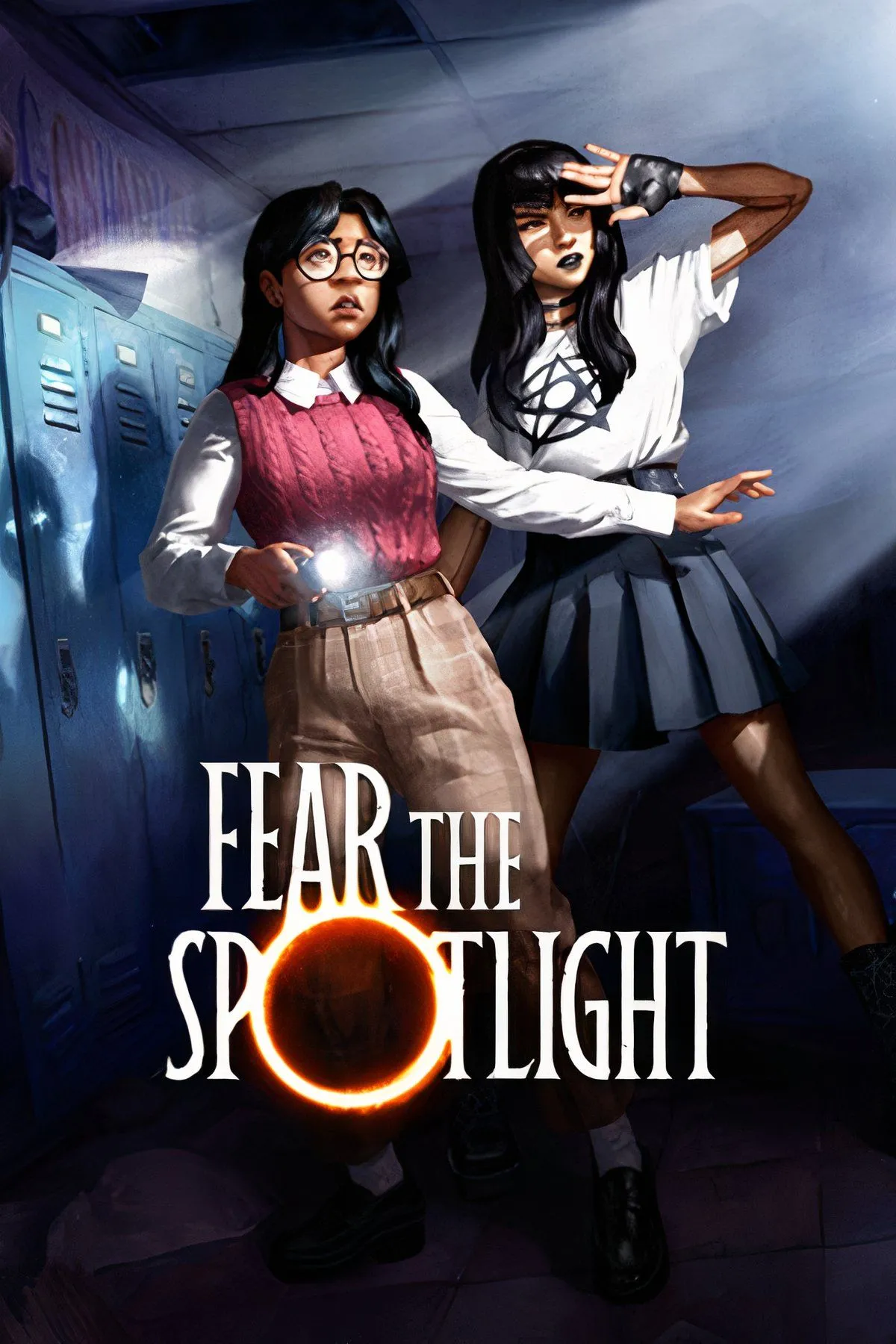Ảnh bìa tổng hợp nghệ thuật của game kinh dị Fear the Spotlight, với không khí trường học bị ma ám