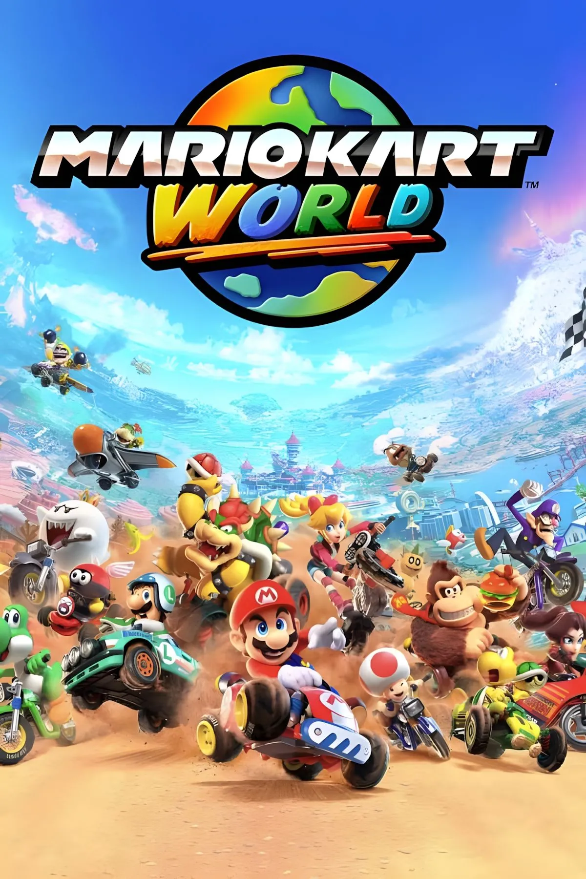 Ảnh bìa tổng hợp nghệ thuật của Mario Kart World, thể hiện đường đua rộng lớn và các nhân vật quen thuộc