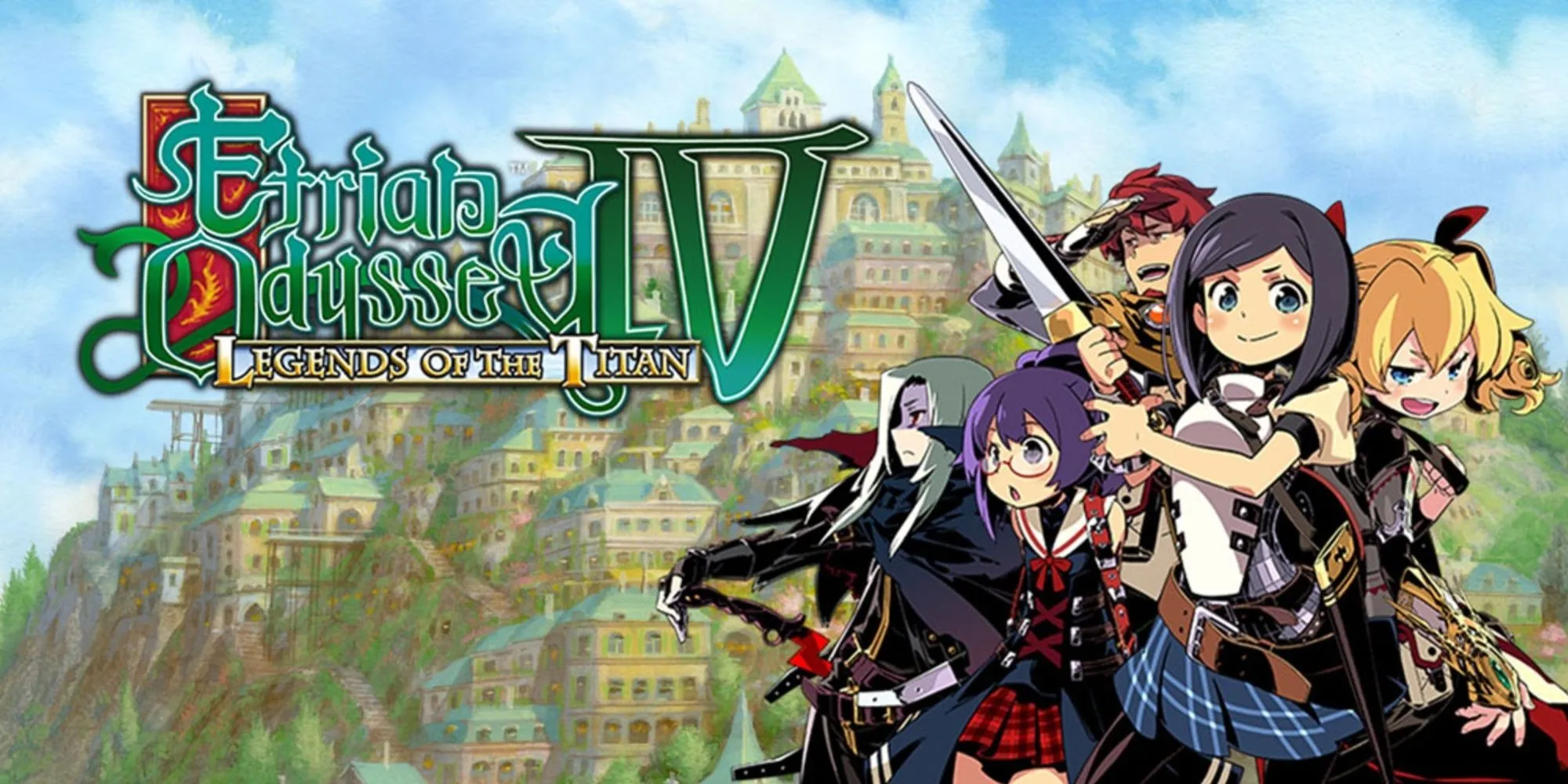 Artwork chính thức của Etrian Odyssey IV: Legends of the Titan với logo và các nhân vật.