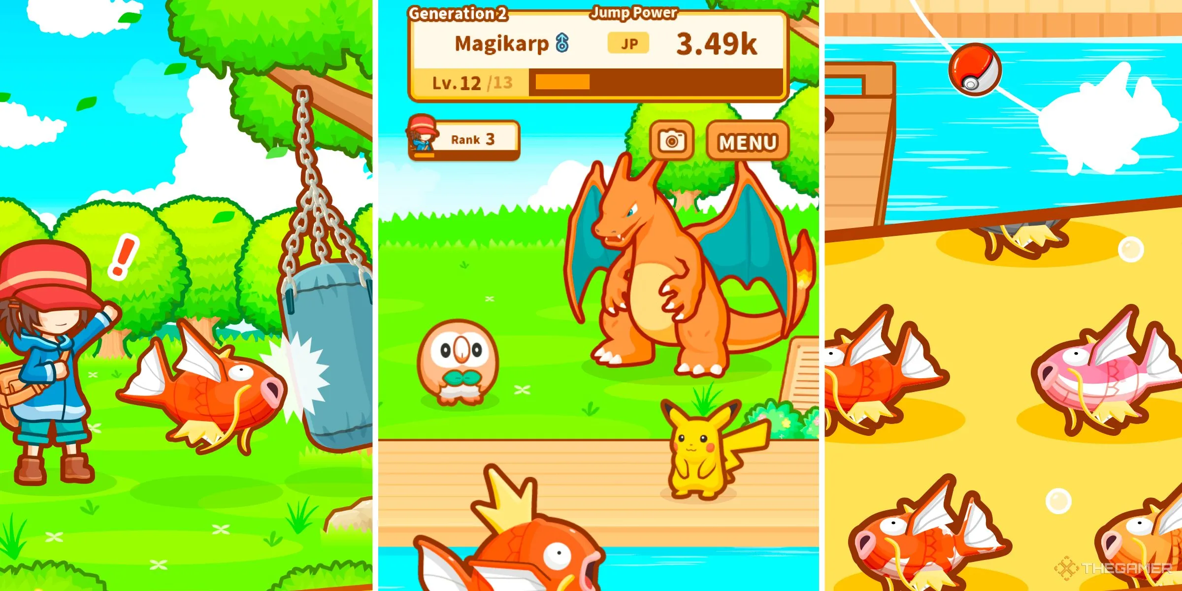 Ba hình ảnh gameplay của Pokémon: Magikarp Jump, thể hiện huấn luyện, nghỉ ngơi và bắt Magikarp.