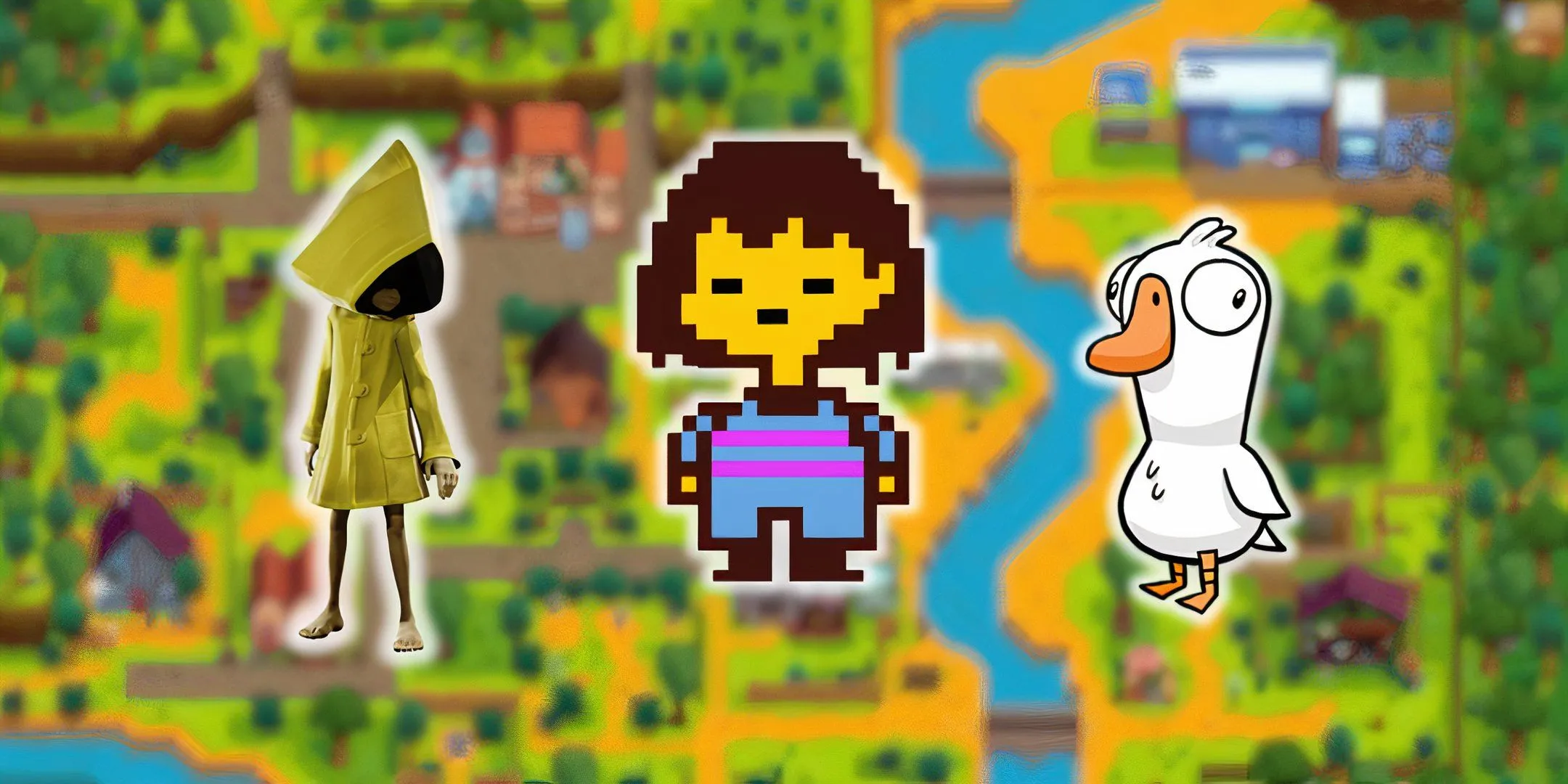 Ba nhân vật Six từ Little Nightmares, Frisk từ Undertale và chú ngỗng từ Goose Goose Duck trên nền mờ của Stardew Valley.