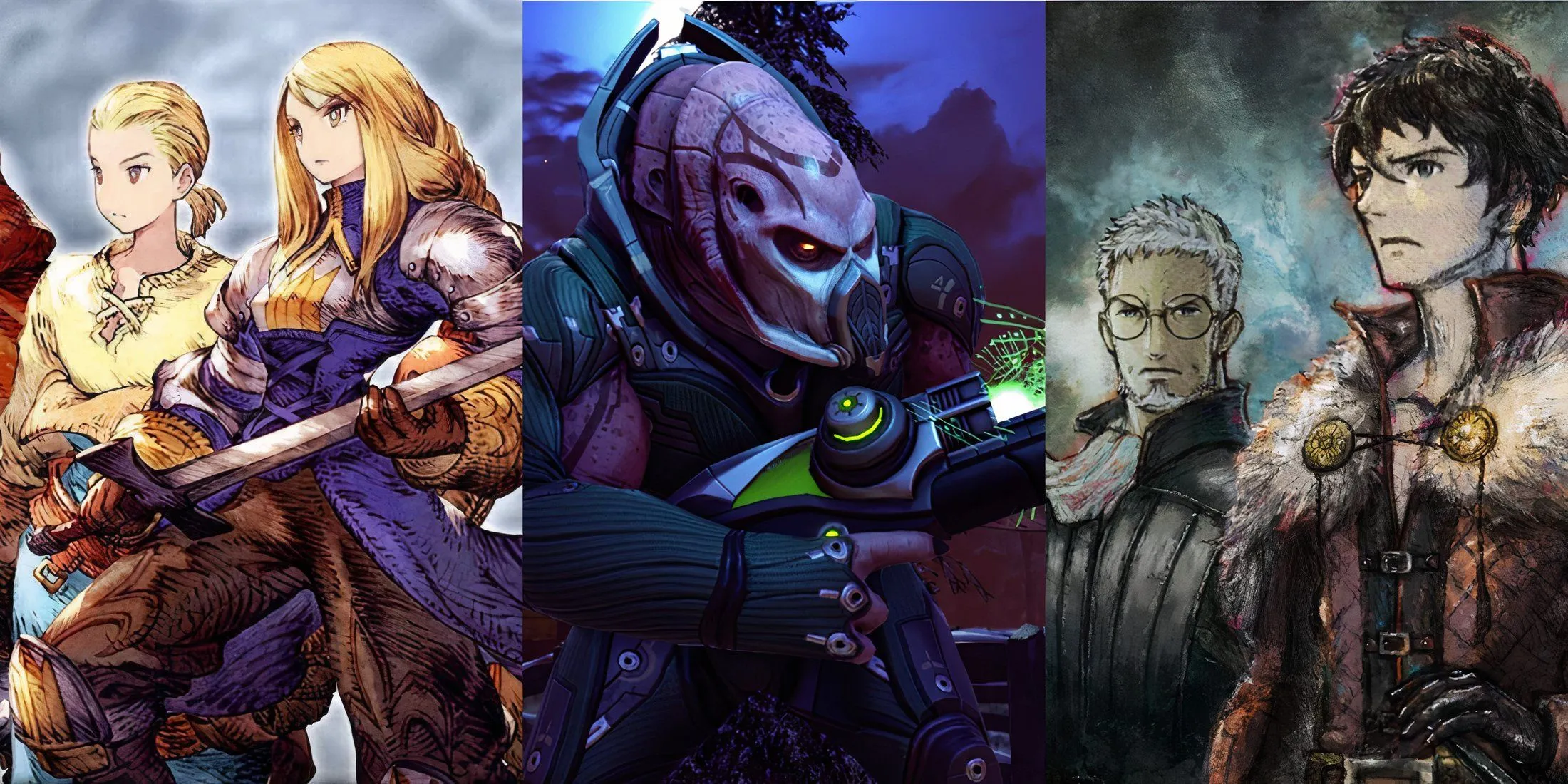 Ba nhân vật từ các tựa game RPG chiến thuật nổi bật, minh họa sự đa dạng về phong cách nhân vật trong thể loại này.