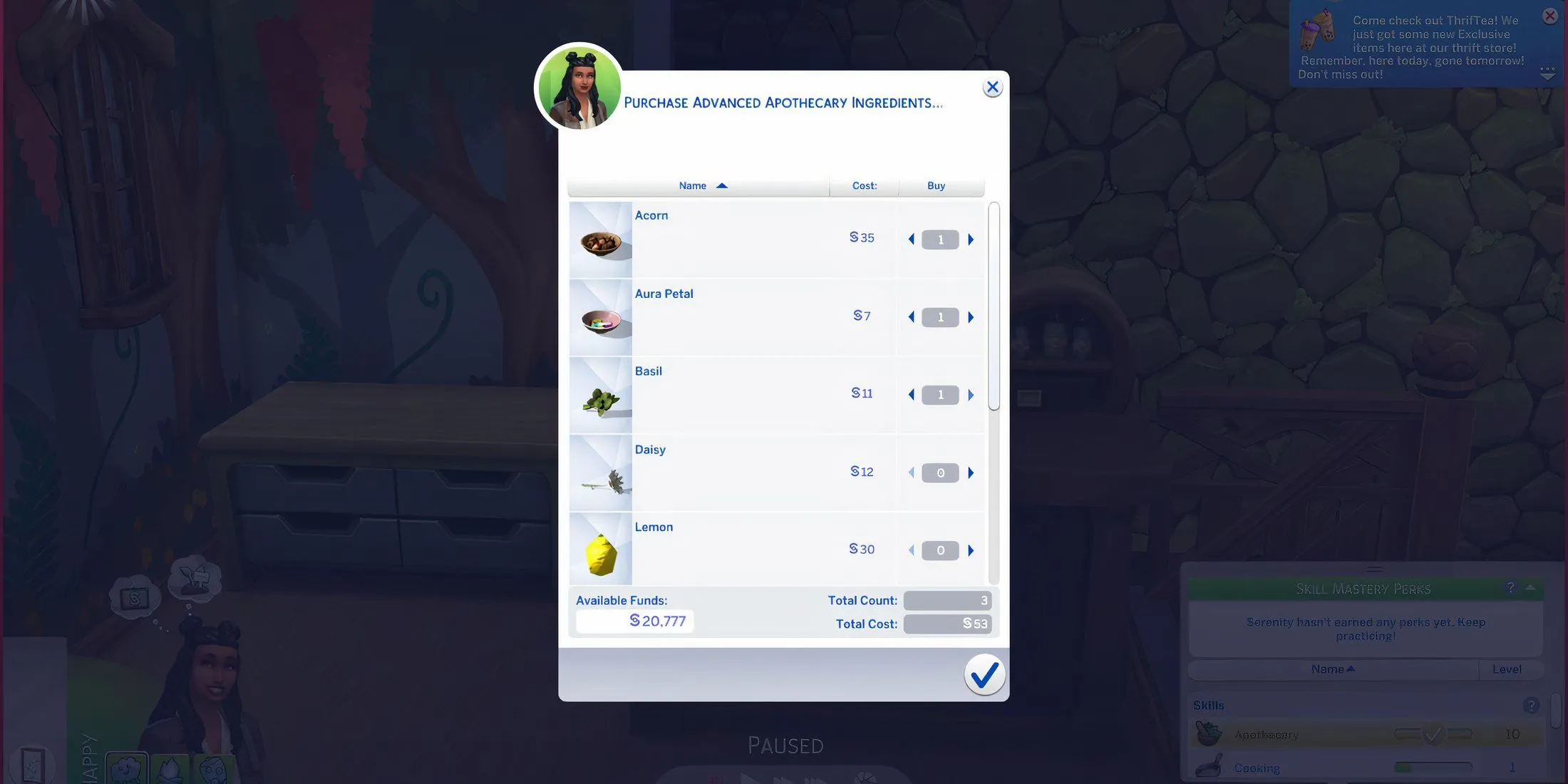 Bàn Bào Chế Thuốc Apothecary Table trong The Sims 4, nơi chế tạo Elixirs và Cures từ Aura Petals