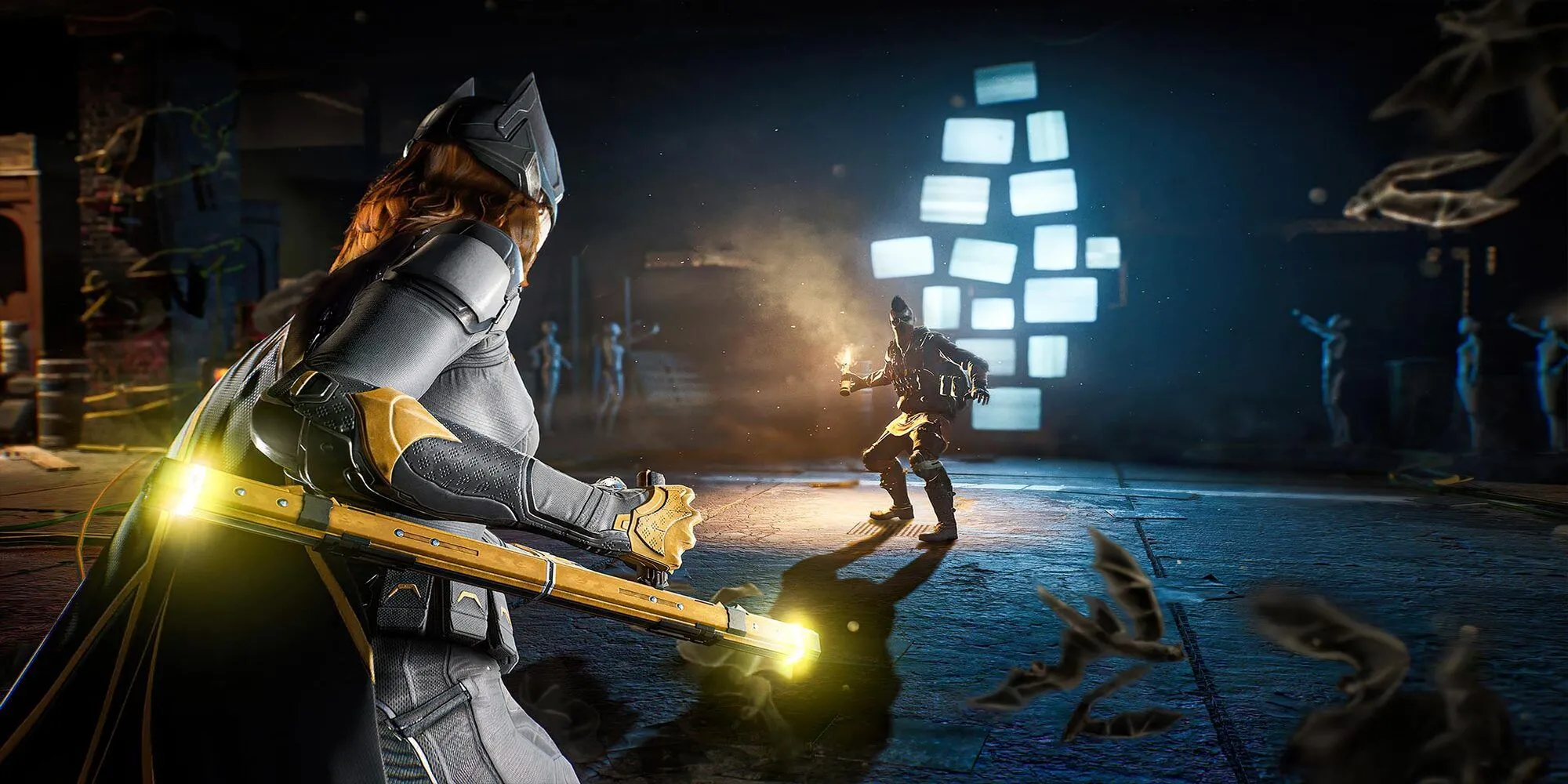 Batgirl trong trang phục chiến đấu đối mặt với kẻ thù trong Gotham Knights.