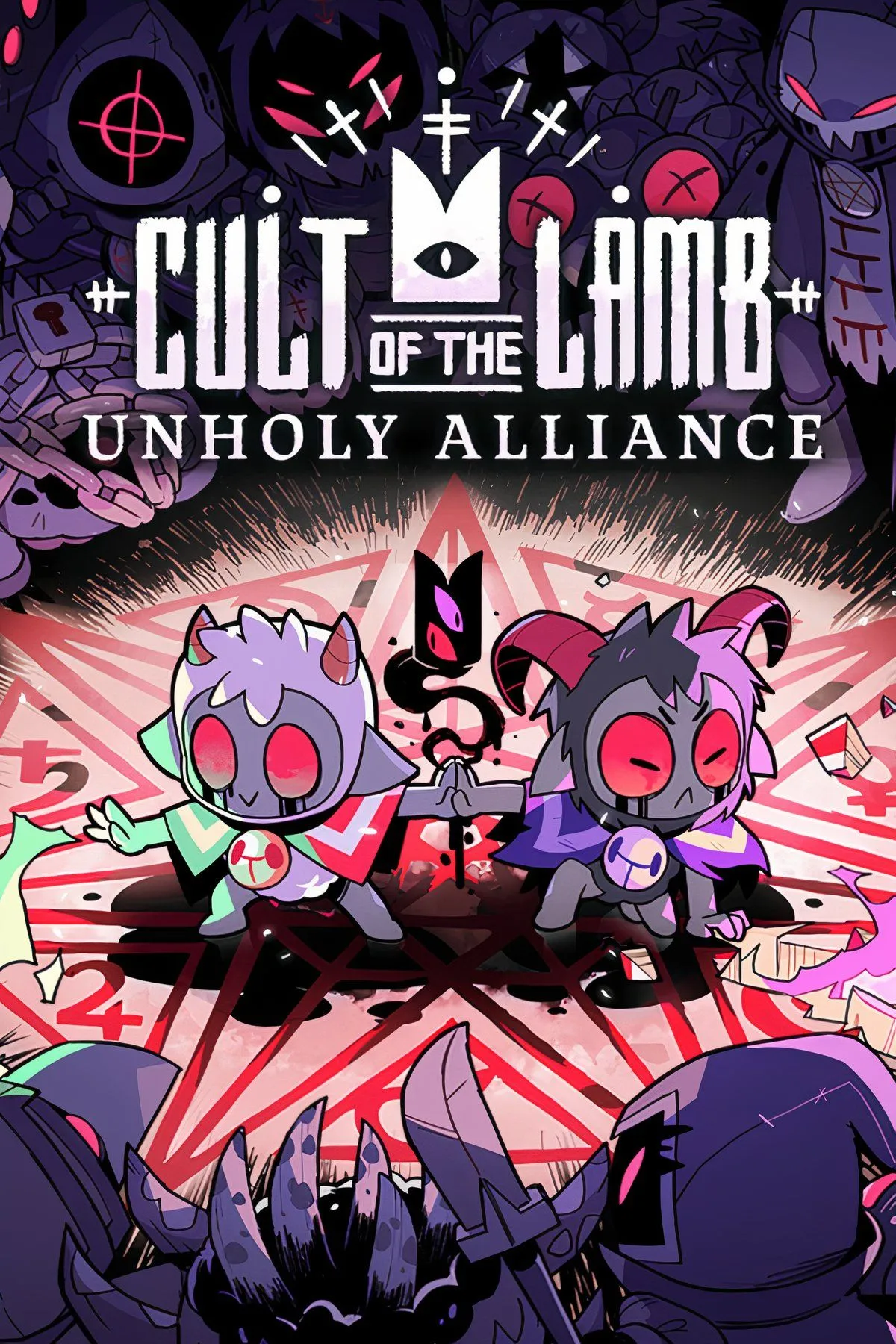 Bìa game Cult of the Lamb với hình ảnh chú cừu dễ thương nhưng đầy bí ẩn, đại diện cho game mô phỏng giáo phái.